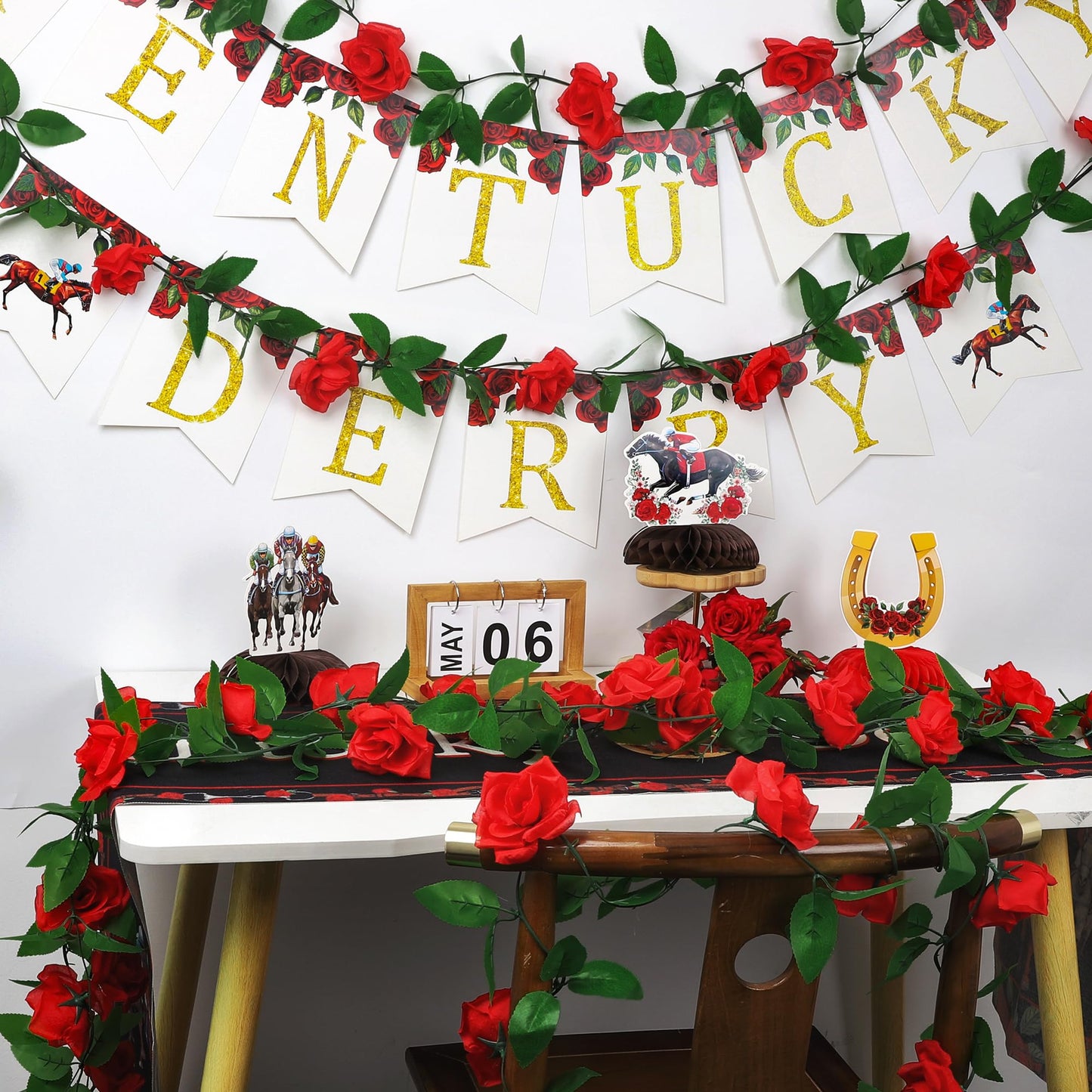 Kentucky Roses, 88.8FT Roses Derby Day Party Supplies Fake Vine Flowers Plants, Derby Day Rose Artificial Flower Hanging Indoor Rose Home Party Garden Craft Art Backdrop Decorations