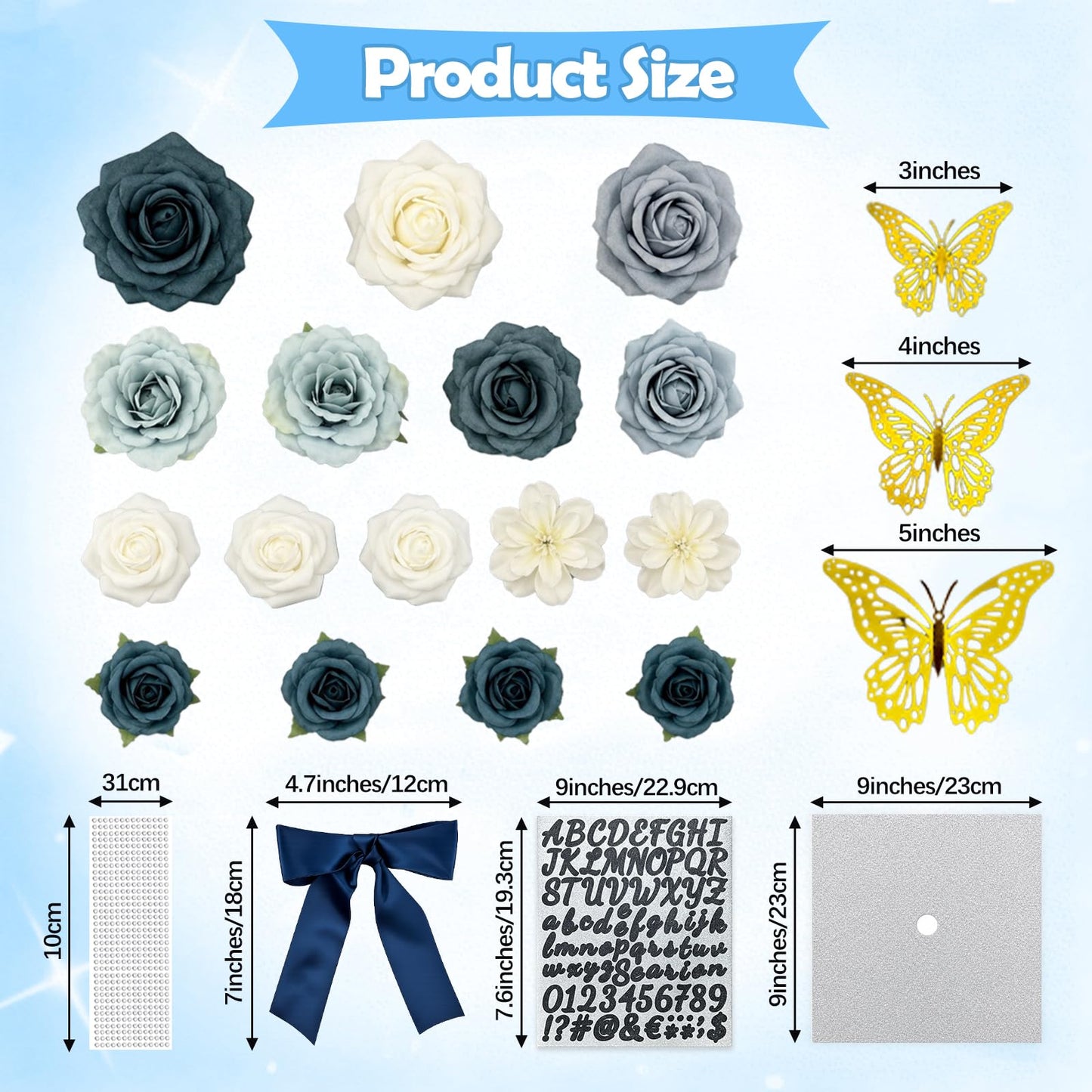 YIXAXKAO DIY Graduation Cap Decorations Kit Graduation Cap Topper Included Faux Rose Flower Heads 3D Butterfly Glitter Letter Stickers Grad Cap Decorations with Graduation Bow (Silver)