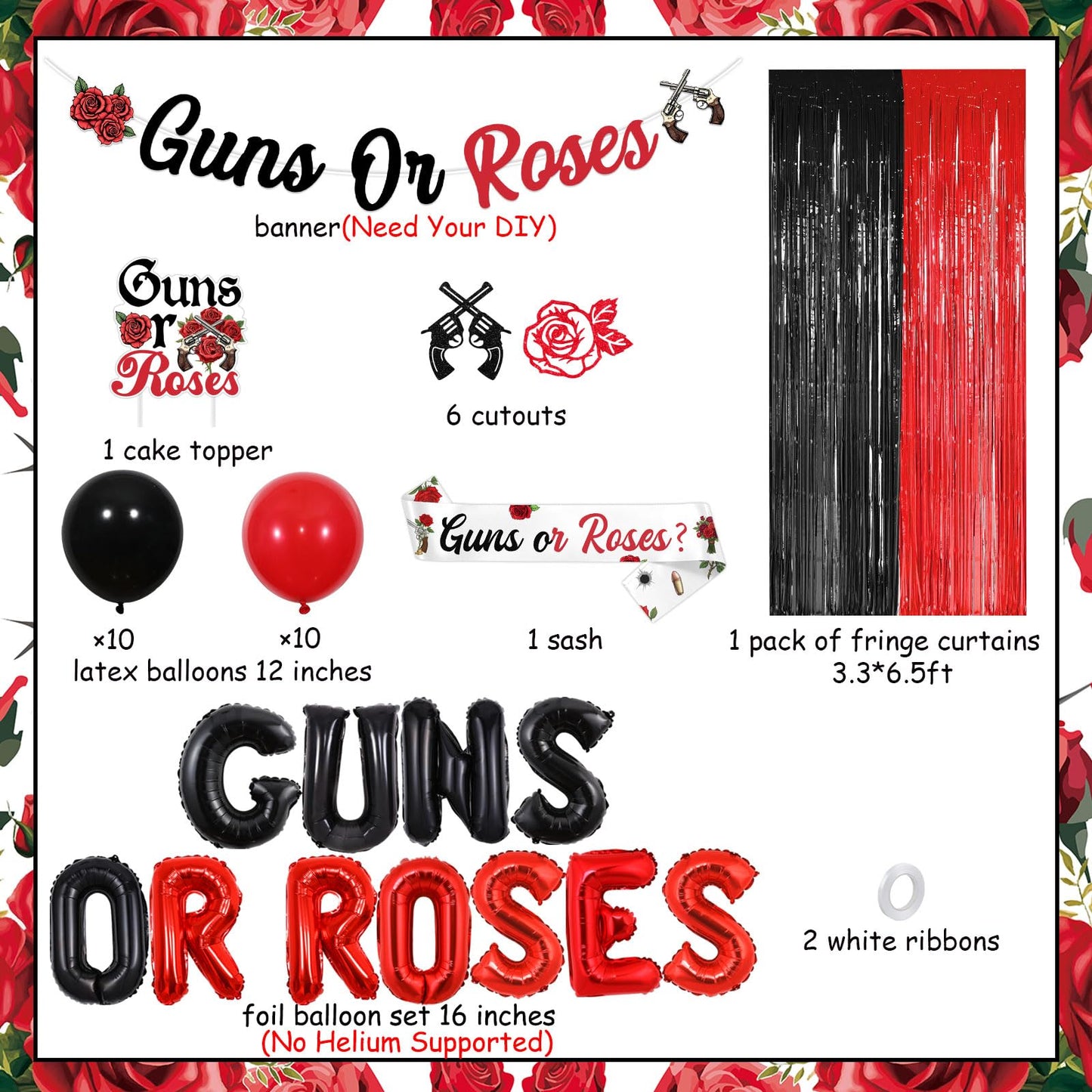 Wonmelody Guns Or Roses Gender Reveal Decorations Red Black Guns Or Roses Banner Cake Topper Balloon Sash Fringes Card Set Gender Reveal Theme Kit for Expecting Parents