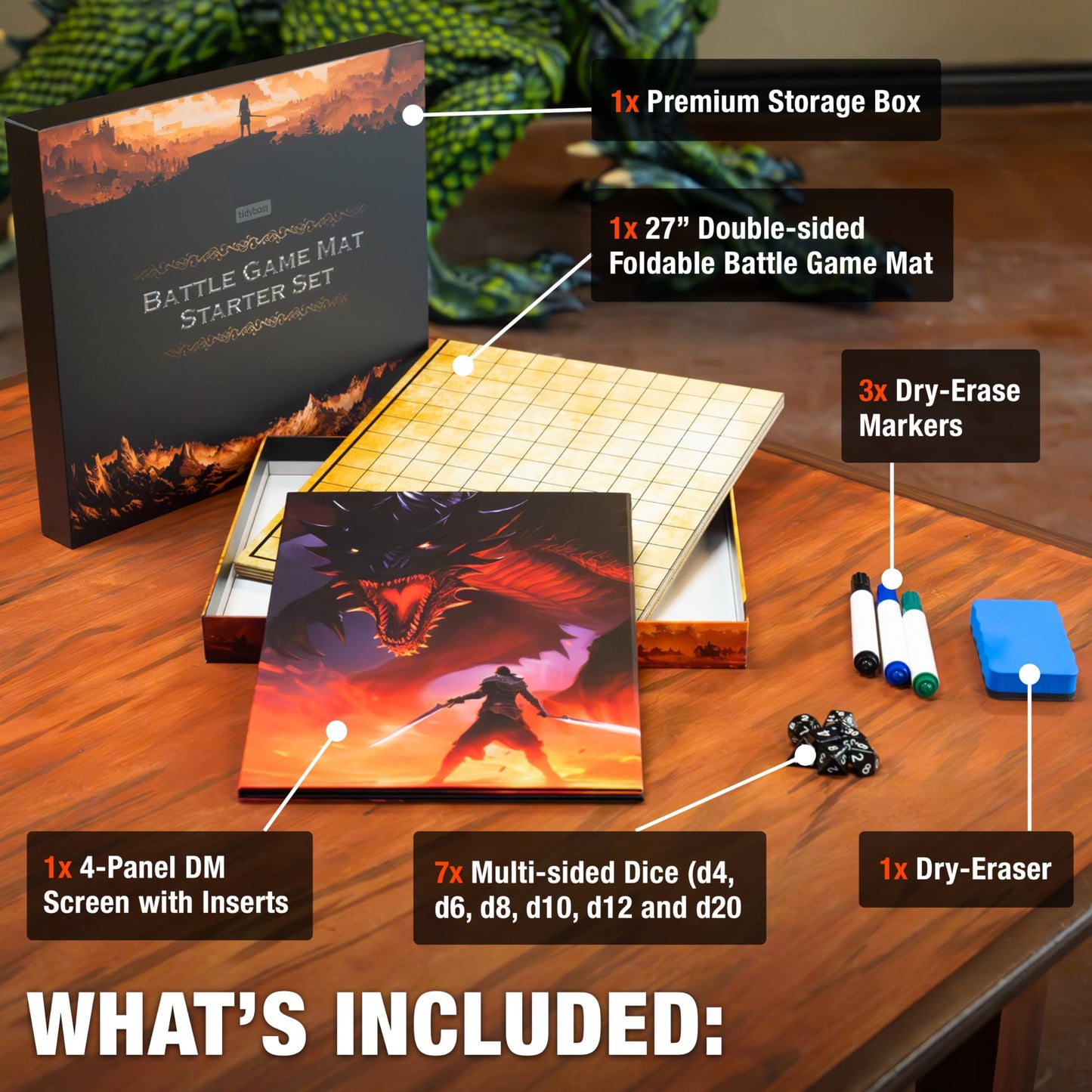 TIDYBOSS Dungeons and Dragons Foldable Battle Mats | 2 x Battle Grid Mats with Dungeon Master Screen | Wet & Dry Erase DND Board Game | DND Gifts & DND Accessories