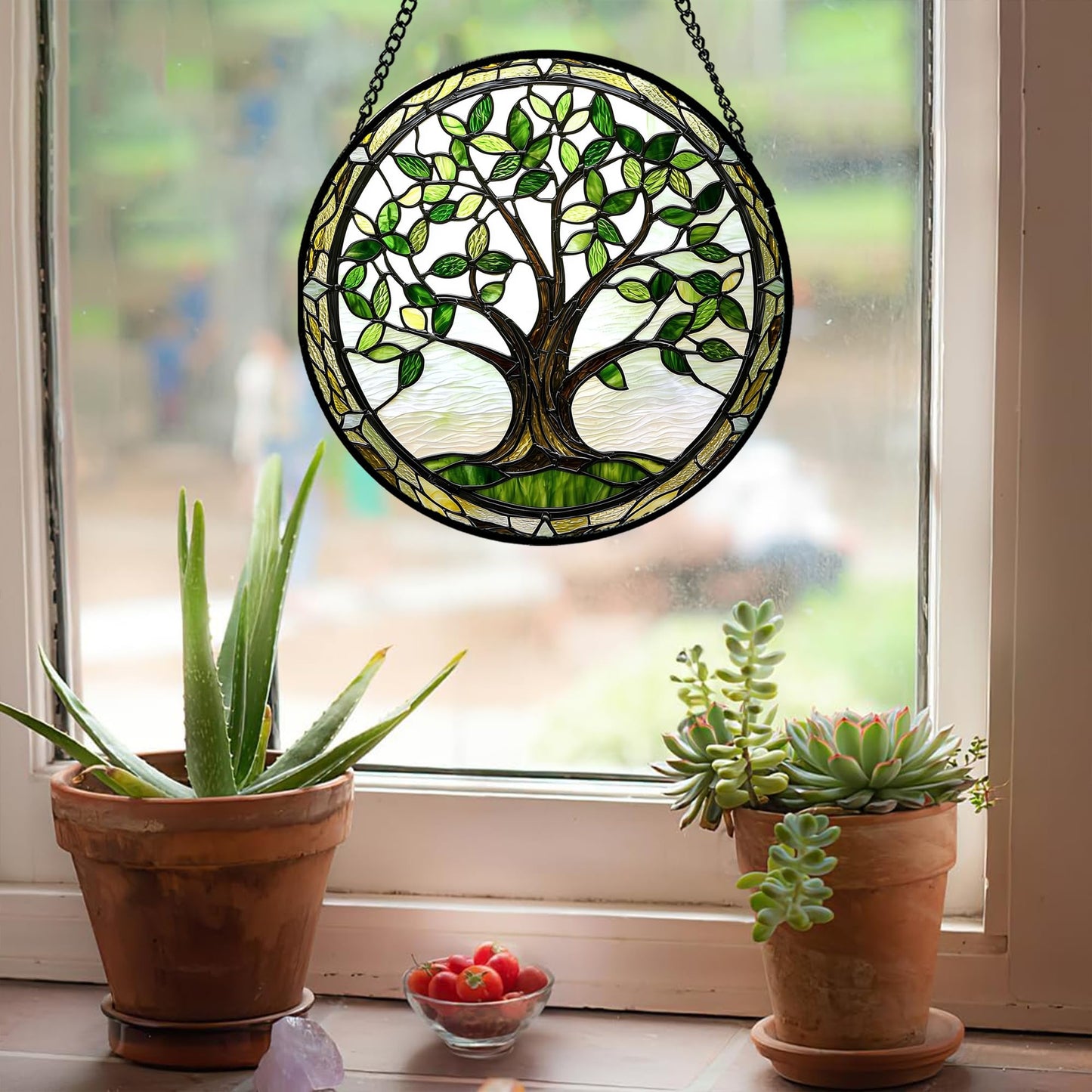 AMDERVEN Stained Glass Window Hanging - Brown Tree Trunk Green Leaves Sun Catcher for Door Garden Home Decor Plant Suncatcher Christmas Mother's Day Birthday Gifts for Women Men Mom Nana 6.3 in