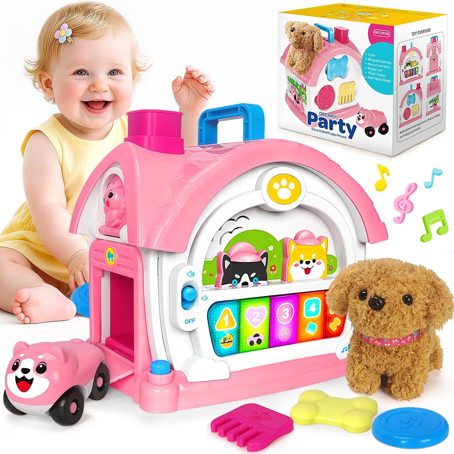Ellinjan Montessori Toys for 1 2 3 Year Old Girl Gifts, Baby Musical Toys 12 18+ Months, 10 in 1 Bilingual Learning Toy with Sound Light, Cute Toy with Plush Puppy, First Birthday for Toddlers