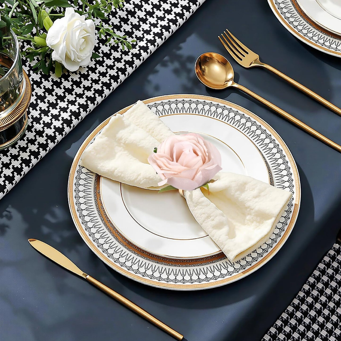 6 PCS Light Khaki Rose Napkin Rings for Wedding Anniversary, Artificial Rose Flower Napkin Rings with Gold Metal Holder Design for Valentine's Day Table Setting Party Supplies(Light Khaki Rose)