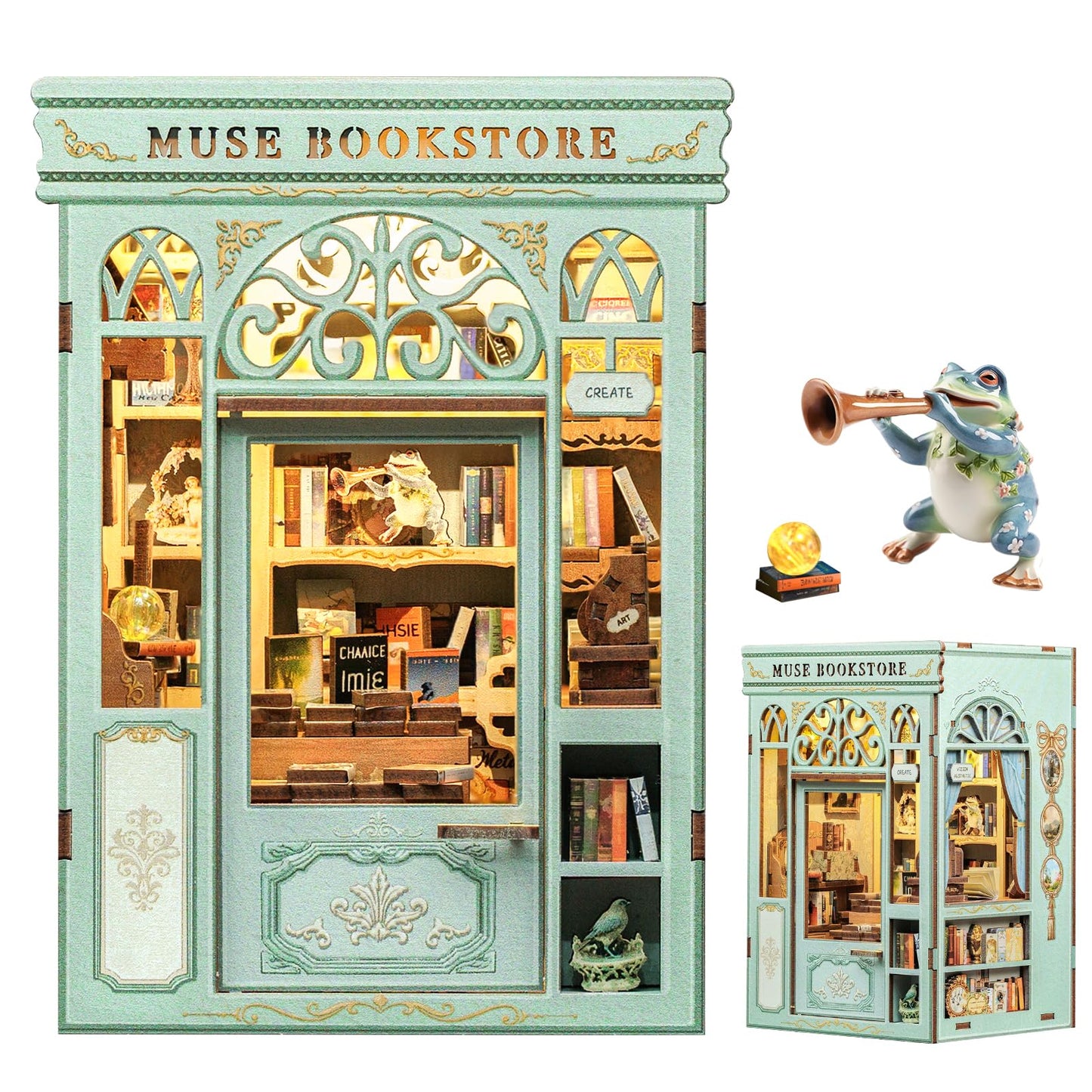 Fsolis Book Nook Kit - DIY Miniature House Kit Bookshelf 3D Wooden Puzzles for Adults Beginners Tiny House Mini Booknook Bookshop Gifts for Women Book Lovers (Muse Bookstore)