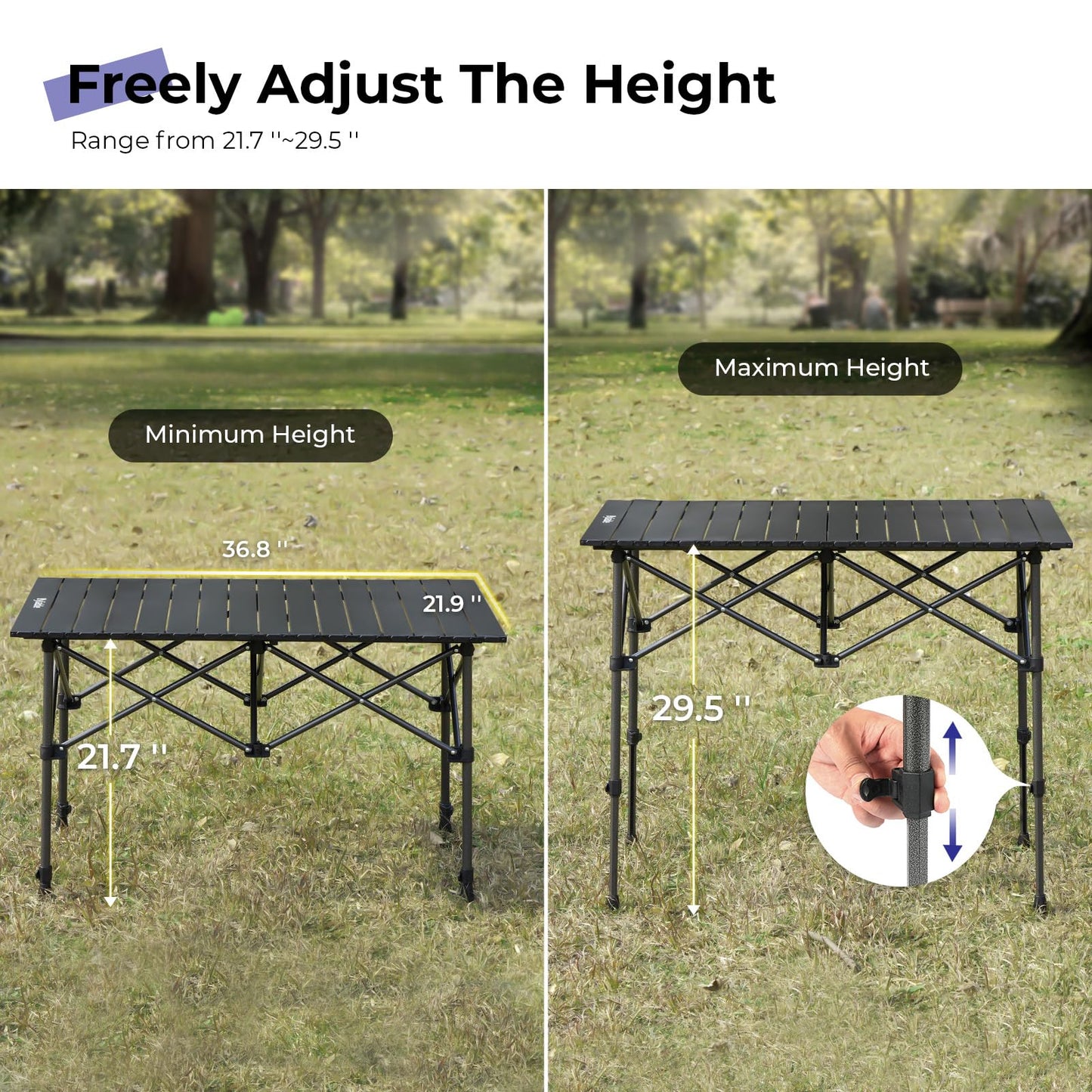 Byliable Camping Table Folding Portable Camp Aluminum Fold Up Lightweight Roll Up Table Adjustable Height with Carry Bag Indoor Outdoor for Camping, Picnic, Backyard, BBQ, Patio, Black