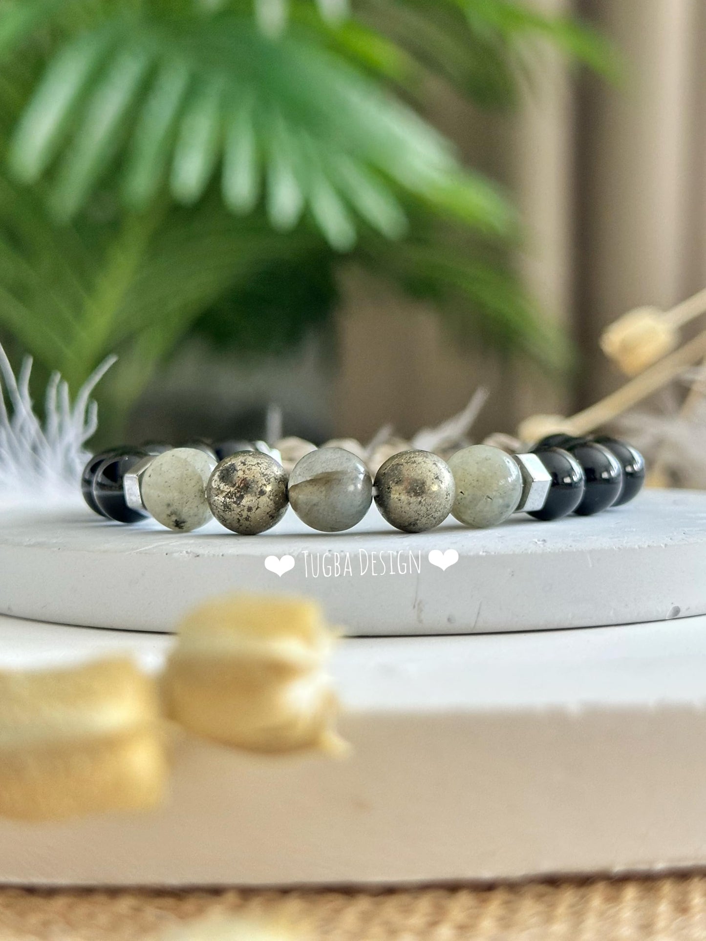 TUQBA Manifestation and Protection Beaded Crystal Bracelet for Men and Women Natural Stone Jewelry with Onyx, Smoky Quartz, Pyrite, Labradorite Mothers Days Gift, Christmas, Baptism, Birthday
