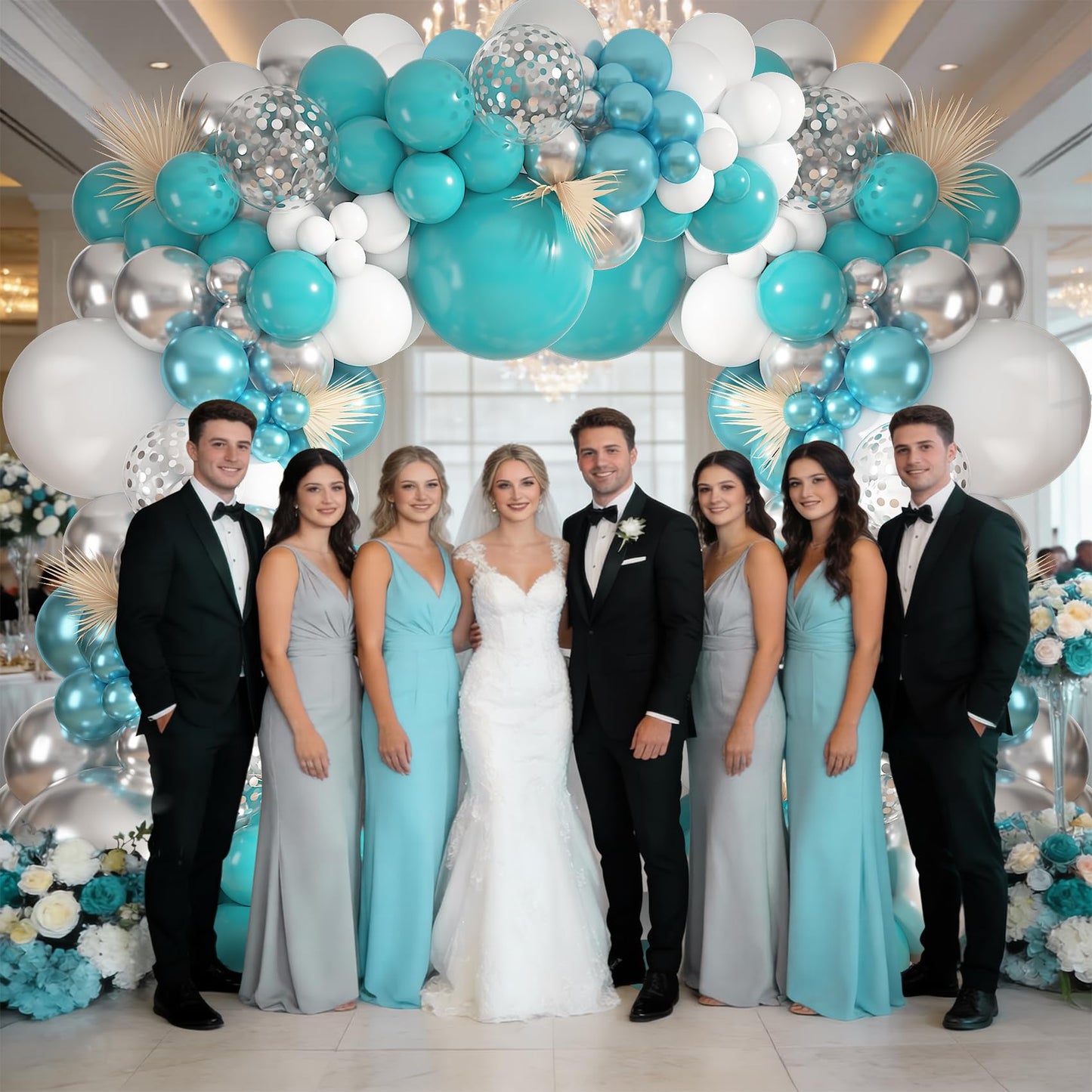 Ouddy Life Teal Silver White Balloons Arch Kit, 152 Pcs Turquoise Blue White Metallic Teal Silver Confetti Balloon for Graduation Wedding Bridal Baby Shower Birthday Anniversary Party Decorations