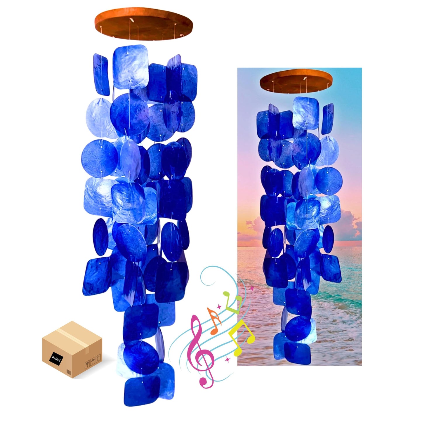 Bellaa 27918 Wind Chimes Outdoor, Garden Decorations, Musical, Indoor/Outside Windchimes, Beach, Ocean Breeze, Gifts for Mom, Gift for All Occasions, Capiz Sea Glass Shells Wood Blue 27 inch
