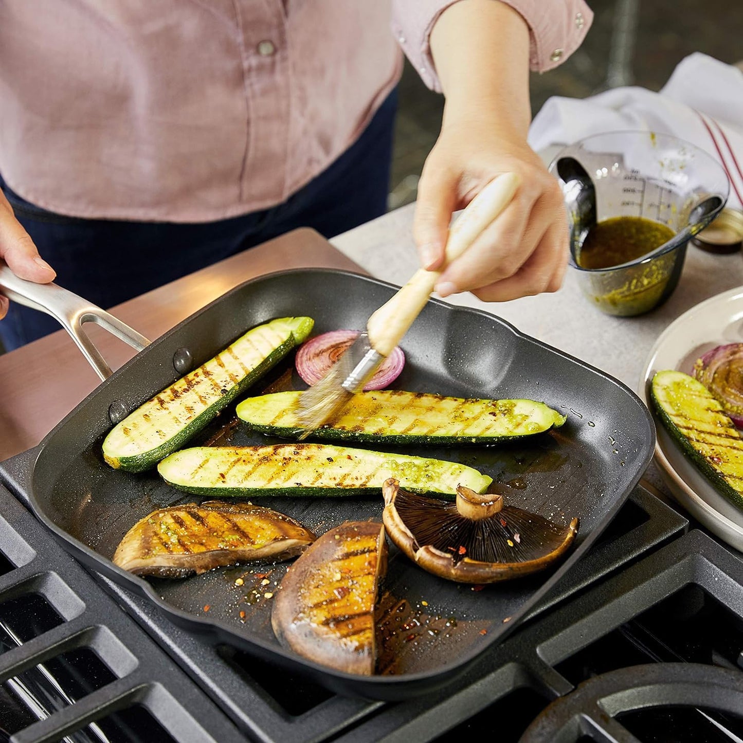 KitchenAid Hard Anodized Induction Nonstick Square Grill Pan/Griddle with Pouring Spouts, 11.25 Inch, Matte Black