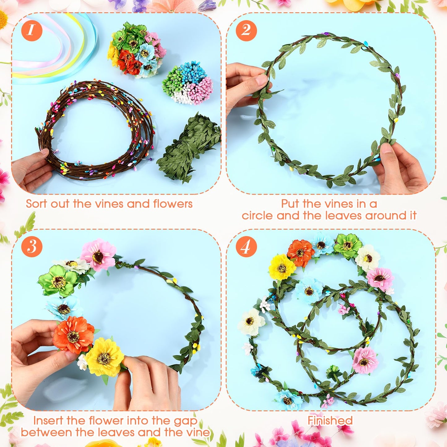 Zeyune 20 Sets Spring Tea Party Favor Flower Crowns Making Kit, Make Your Own Flower Crown Wreath Garland Headbands Craft Kit Handmade DIY Fairy Floral Hair Accessories Gift for Women
