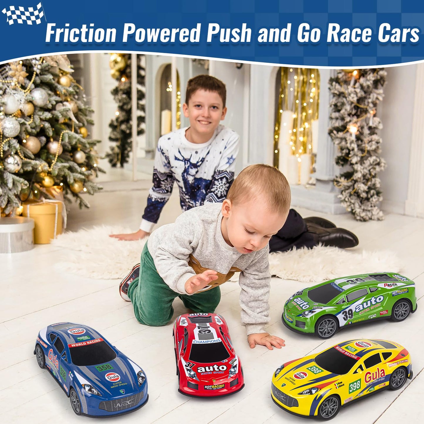 7 Inch Friction Powered Car Toys Set 4 Pack Push and Go Pull Back Race Trucks Toy Cars for Toddlers 3 4 5 6 Year Old Boys Girls Kids Birthday Gifts