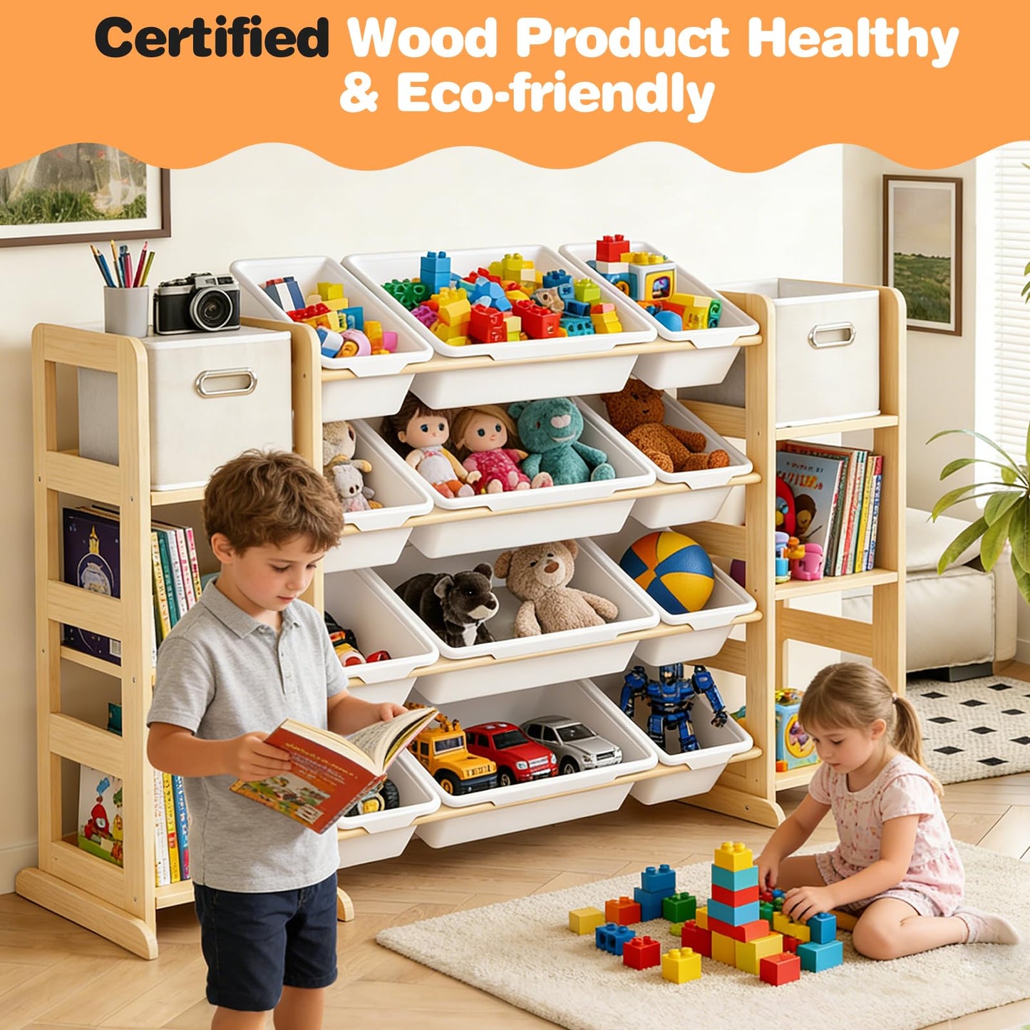 MICZG Extra Large Toy Storage Organizer for Kids - 3-in-1 Wooden Bookshelf with 6 Shelves, 12 Bins + Free 2 Storage Boxes, Anti-Tip for Playroom/Nursery