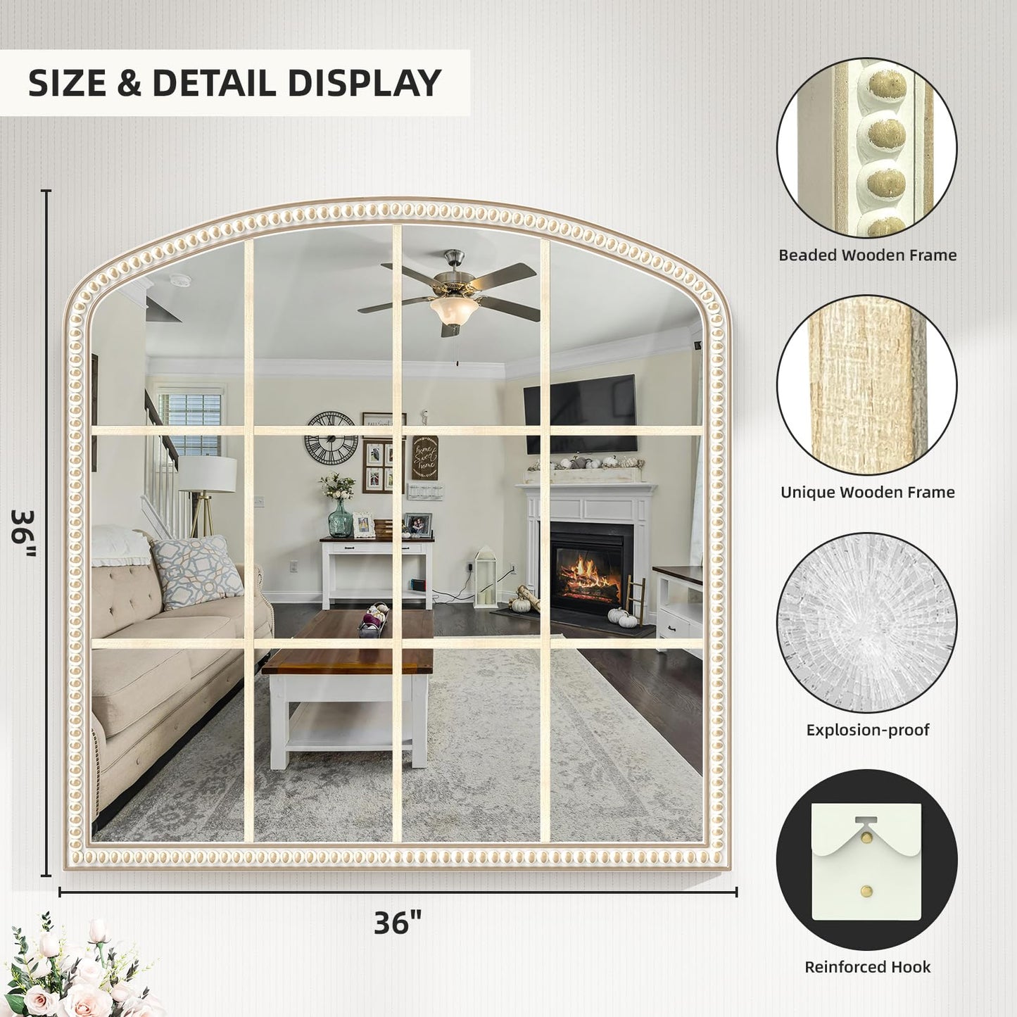 HOITUZYUS 36x36 Inch Wooden Wide Arched Mirrors for Wall with Window Girds, Large Farmhouse Decorative Mirror for Living Room, Entryway, Hallway, Fireplace, Bathroom