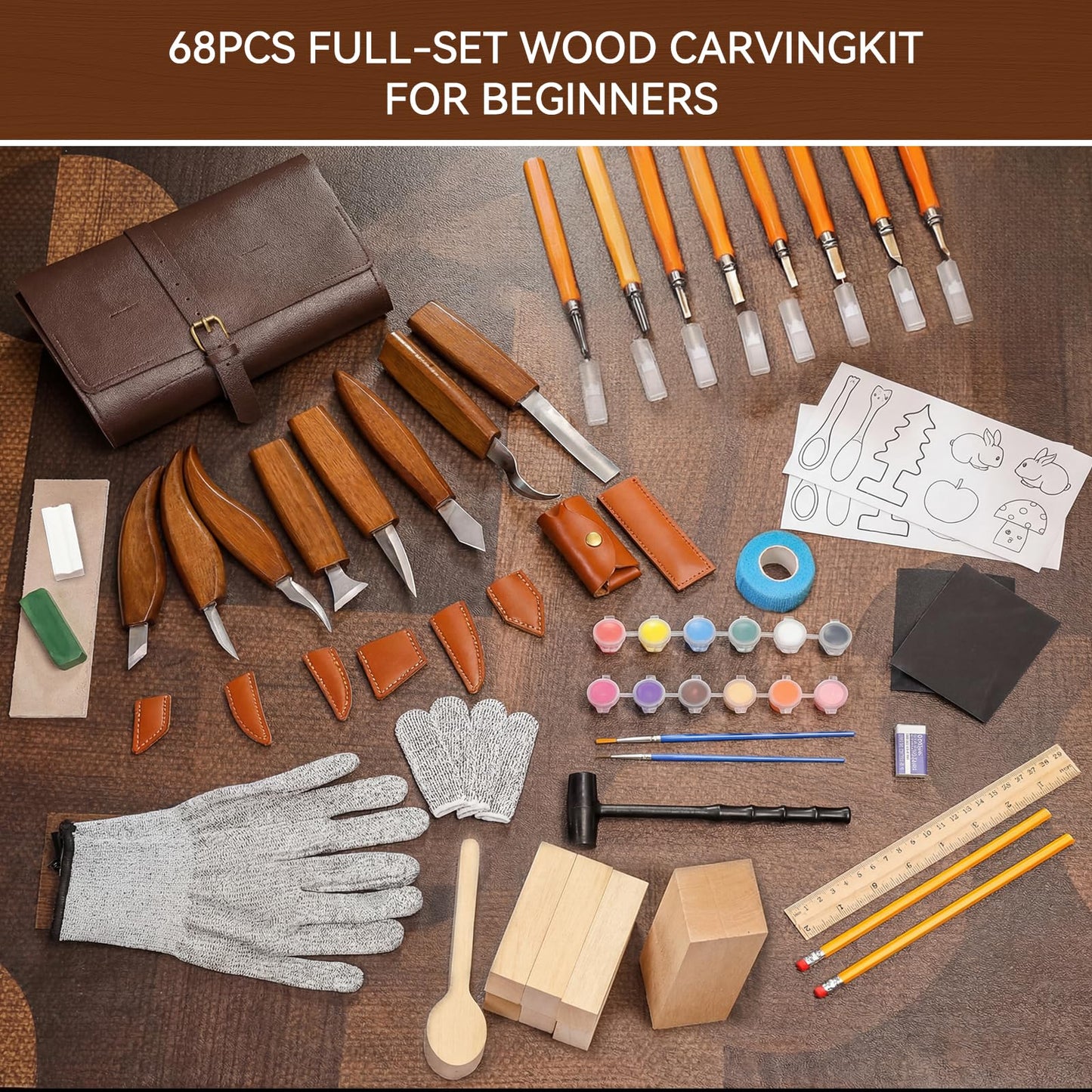 VMYTH Wood Carving Kit, 68PCS Complete Whittling Kit with Leather Storage Bag,16 Carbon Steel Knives, 8 Basswood Blocks & Paint,Ideal Wood Carving Set for Beginners,Enthusiasts Gift DIY
