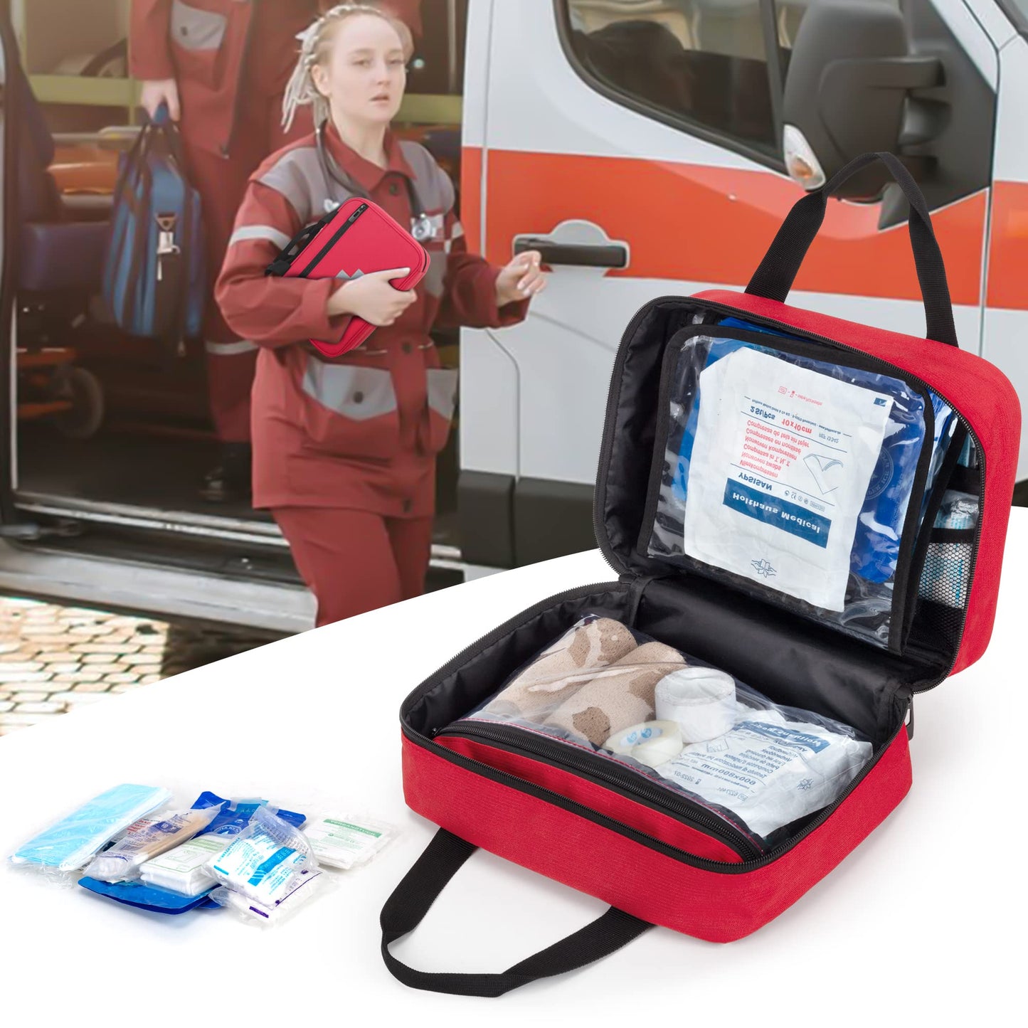 CURMIO Small First Aid Bag, Empty Emergency Trauma Kit Organizer Bag for Hiking, Camping, Car, Travel, Home and Outdoor, Red, BAG ONLY, Patent Pending
