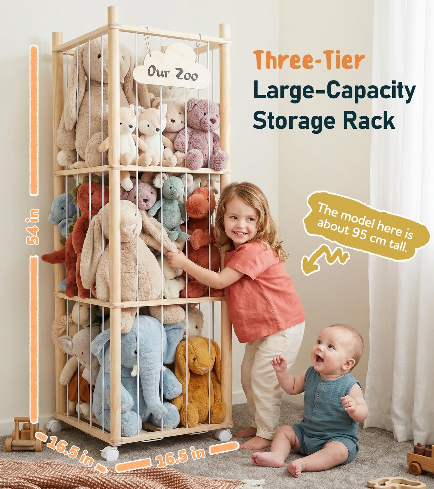 Little Dove Stuffed Animal Storage, Wooden Stuffed Animal Zoo with Brake Wheels, Large Capacity Stuffy Plushies Storage, Space Save Toy Organizer for Nursery Playroom Kidroom Bedroom, 54 Inch
