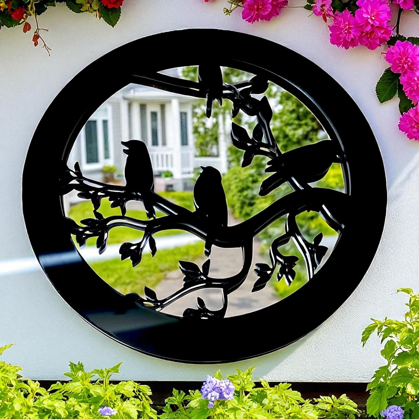 Super Cool Creations Round Mirror Bird Wall Art, Black Decorative Garden Panel with Tree Branch Design, Garden Decor, 38cm