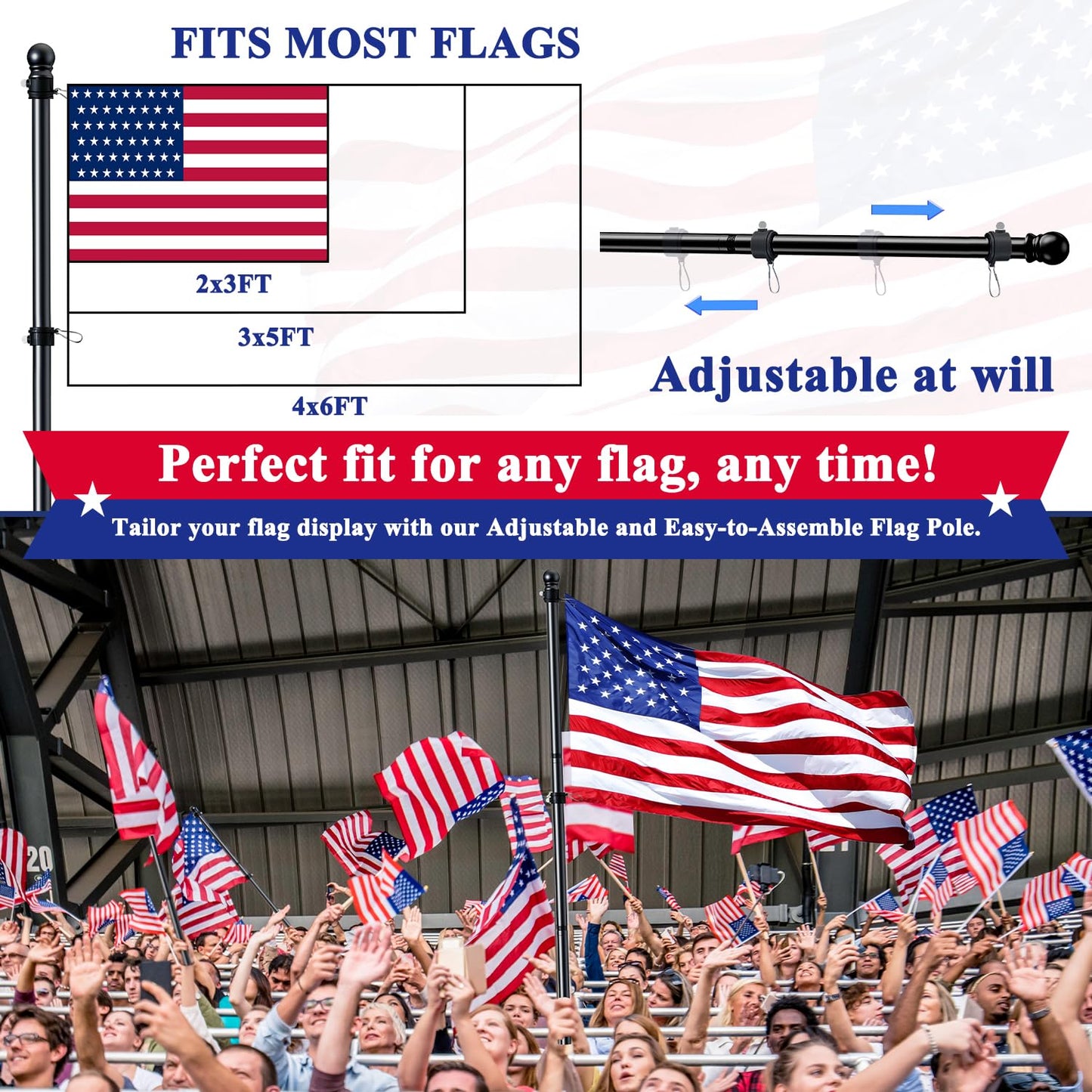 ESTTOP 5 FT Flag Pole, Tangle Free Spinning Stainless Steel Weather Resistant Rustproof Flagpole for 3x5 USA Flag Sports Fan Outdoor Flags 1" Dia Flag Poles for Outside House, Wall-Mounted (Black)