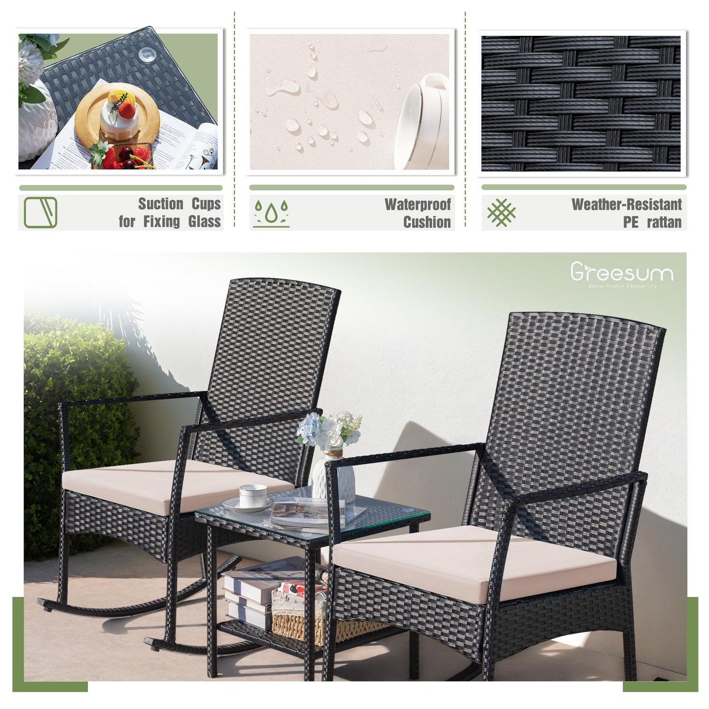 Greesum 3 Pieces Patio Furniture Set Outdoor Wicker Rocking Chairs with Glass Coffee Table for Garden Backyard Porch Poolside, Beige