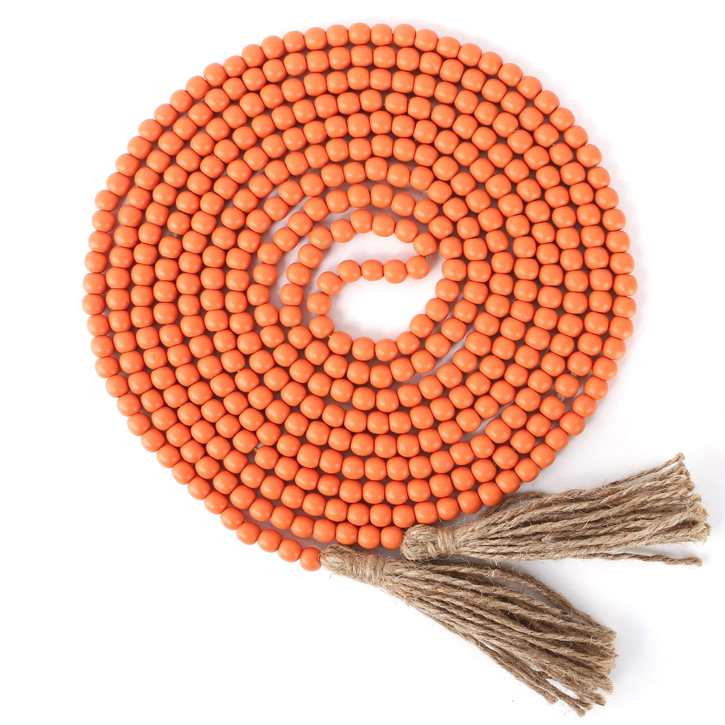 CVHOMEDECO. 16 Feet Wood Beads Garland with Tassels Farmhouse Rustic Wooden Decorative Bead String Wall Hanging Accent for Home Festival Decor. Orange