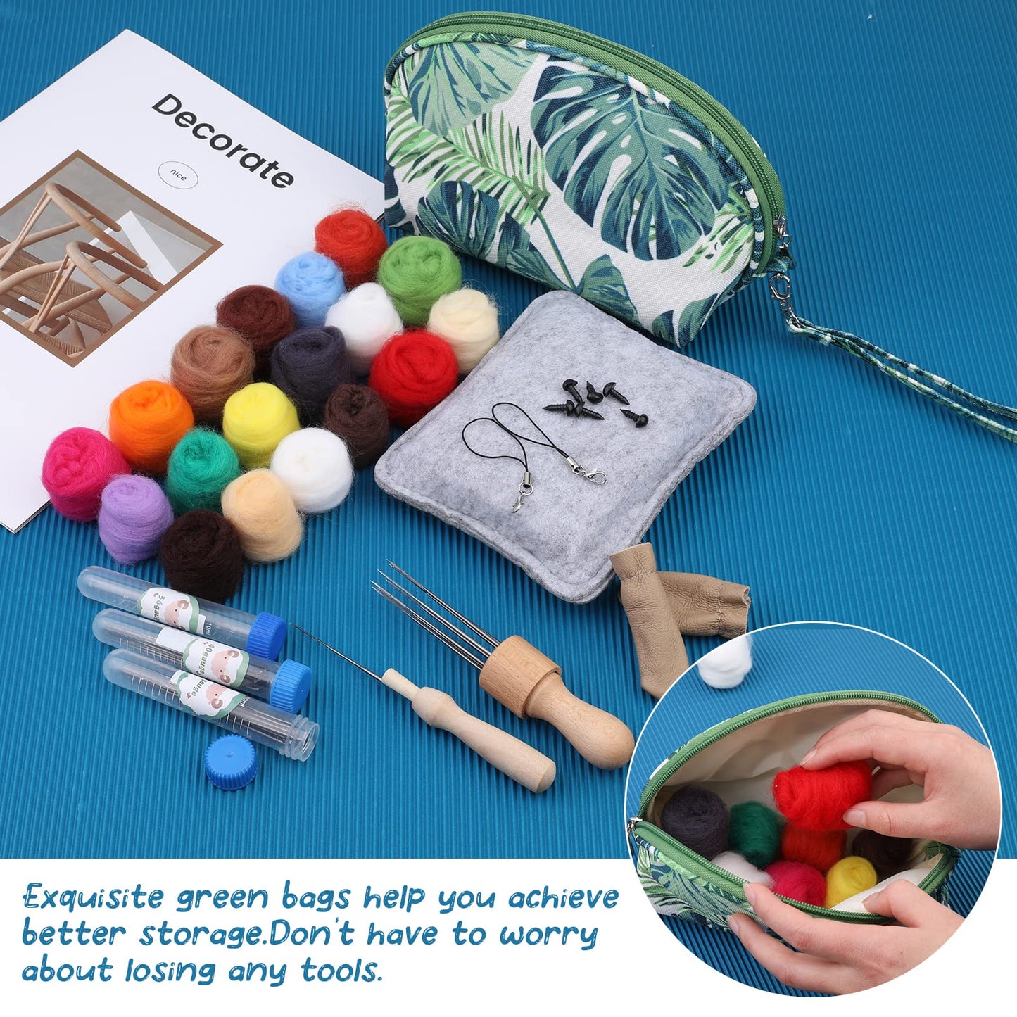 IMZAY Needle Felting Kit, Needle Felting Starter Kit with Exquisite Green Storage Bag, Wool Roving 18 Colors Set, Needle Felting Tools Kit, Wool Felt Tools for Felted Animal Needle Felting Supplies