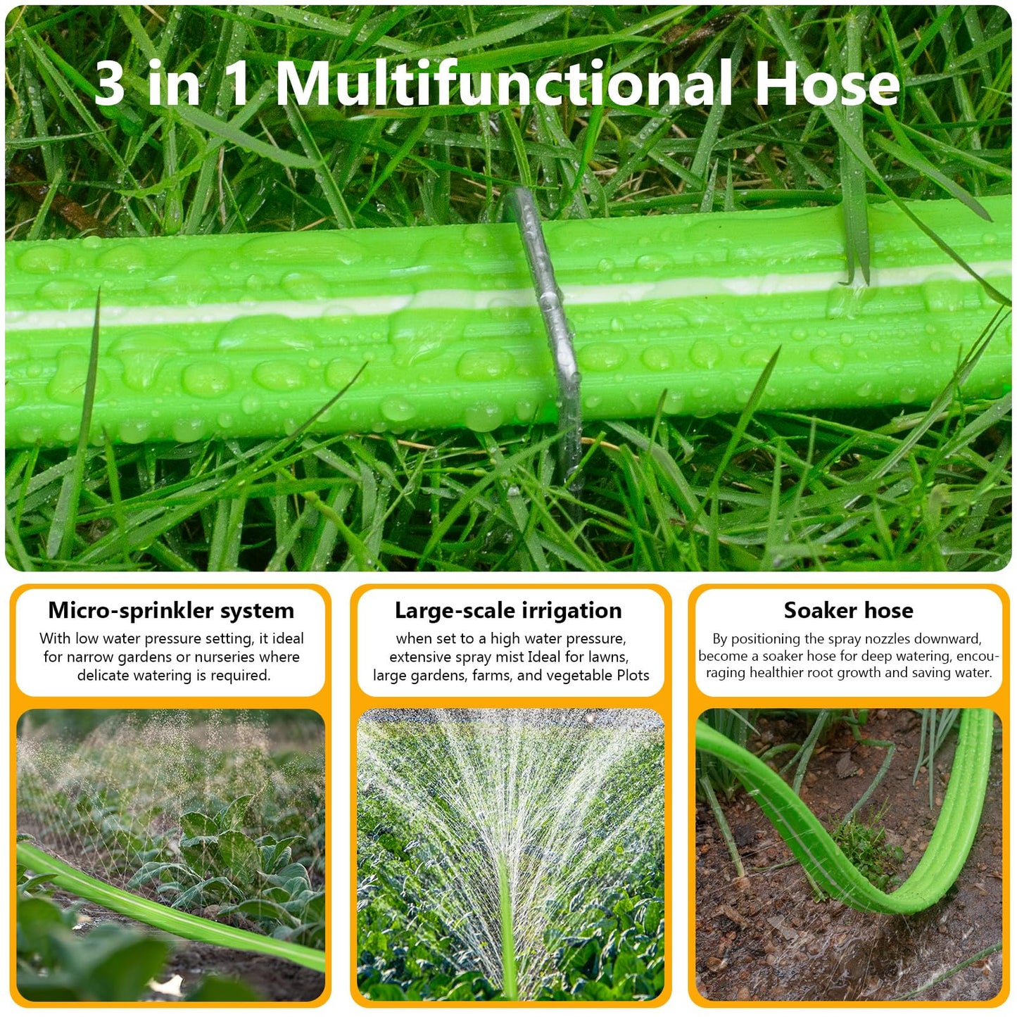 LAVEVE Heavy Duty Sprinkler Soaker Hose 50 FT, Flat Garden Hose with Holes, Efficient Flexible Irrigation Hose for Yard, Lawn and Garden, Includes Stakes