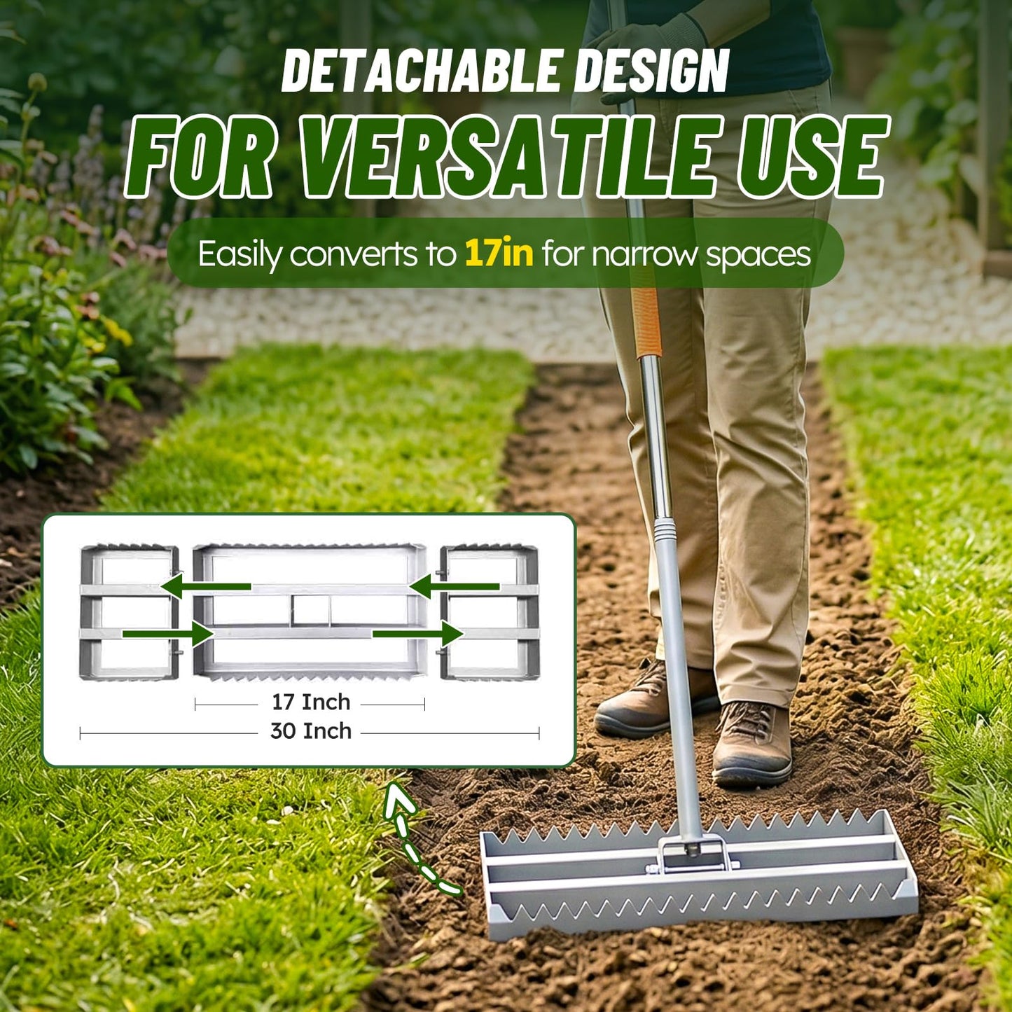 Lawn Leveling Rake, 2-in-1 Double-Sided Landscape Leveler with 20 Marking Flags for Low Spot, 30"×10" Heavy Duty Stainless Steel Flat & Serrated Side for Soil Sand Gravel, Yard Garden Golf Course
