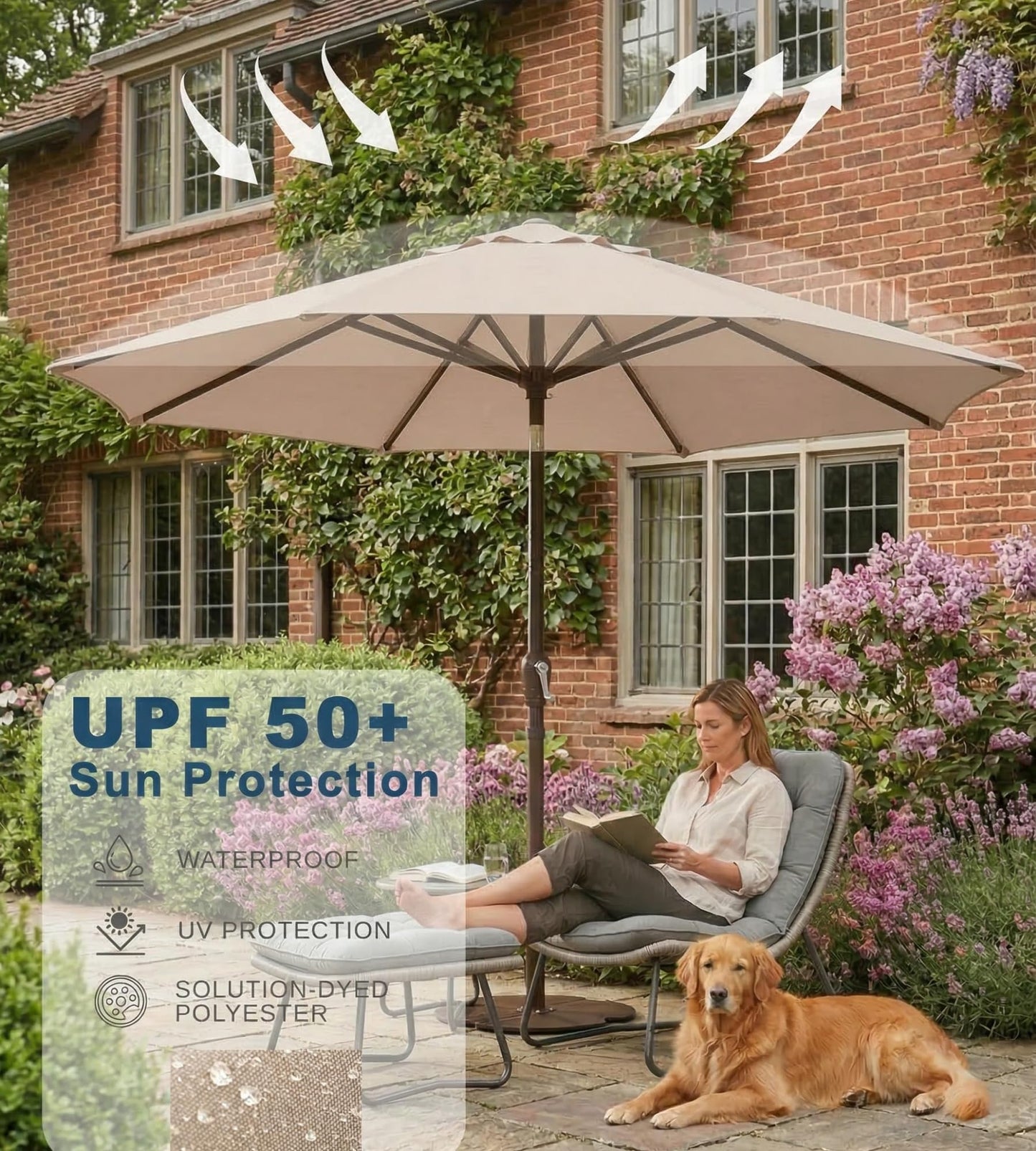 PatioKingdom 9FT Patio Outdoor Umbrella-UPF 50+ Sun Shade with Wind Vent, Push-Button Tilt & Smooth Crank Lift, Rust-Resistant Fiberglass Frame for Garden, Backyard,Yard (Beige)