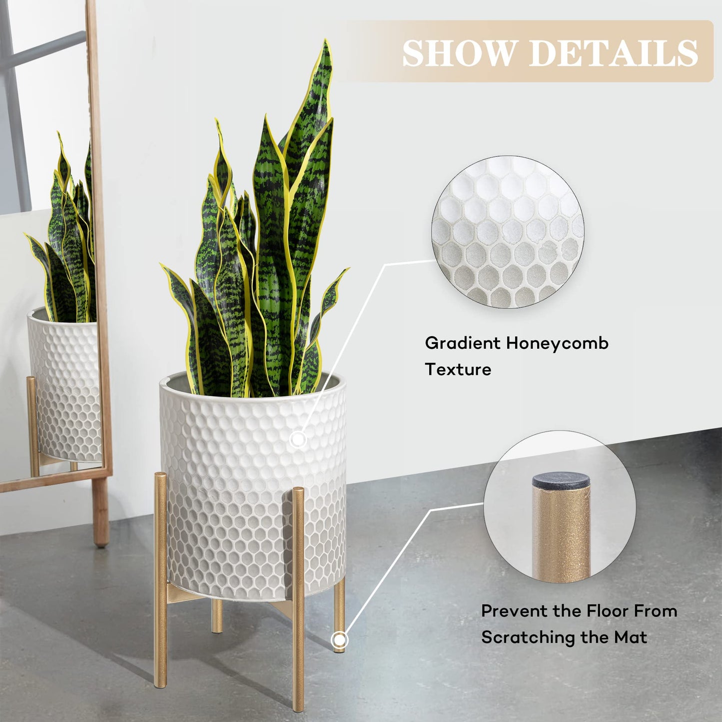 Oakrain Mid Century Planters for Indoor Plants, Set of 2, Modern Decorative Metal Planter Pots for Living Room, Office, Garden or Balcony, Gray and White Gradient Planter with Stand, 8"&10"
