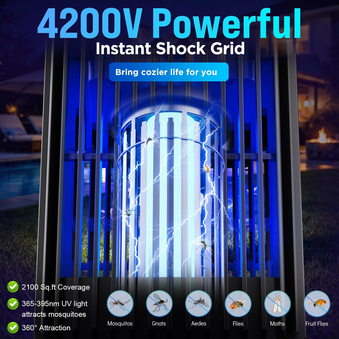 Outdoor Solar Bug Zapper-4200V Cordless Electric Mosquito Zapper with Waterproof Design & Smart Sensor-5000mAh Rechargeable Fly Zapper with Night Light-Mosquito Repellent for Patio, Backyard, Camping