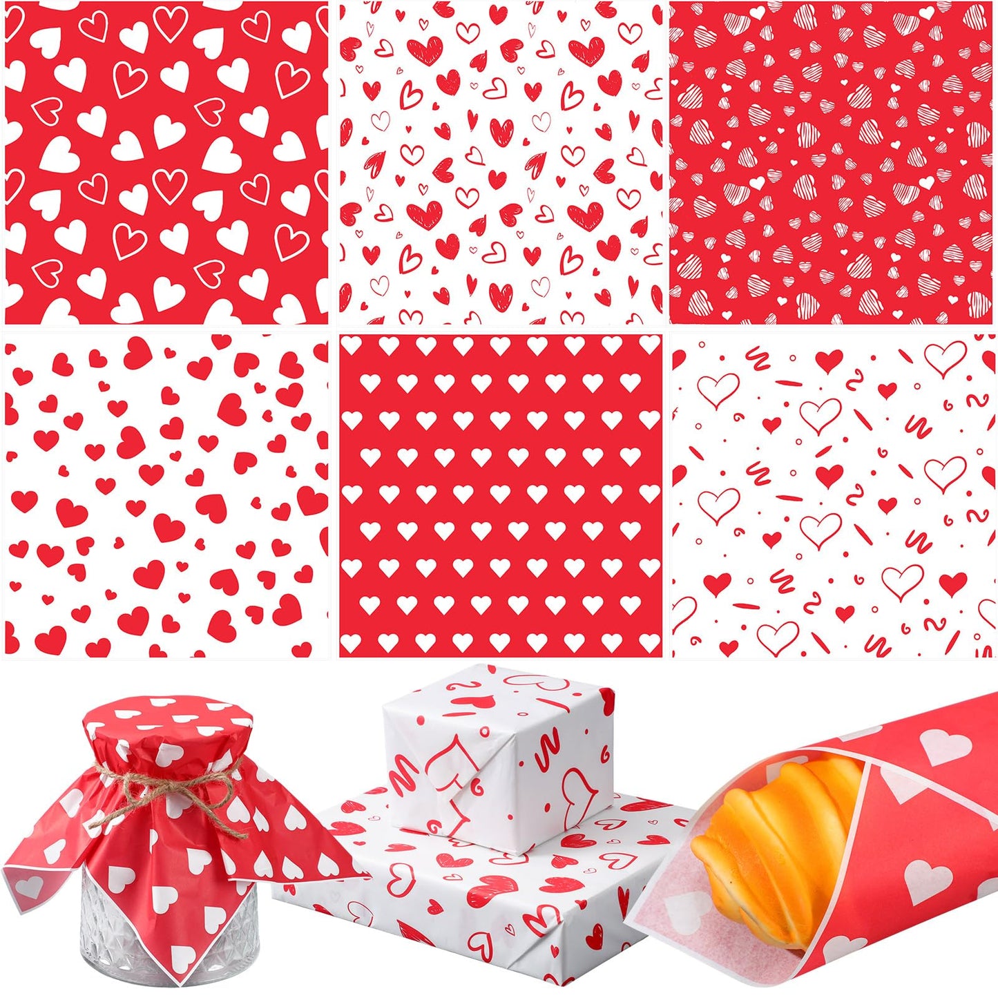 Ireer 300 Pcs Red Heart Wax Paper Sheets Parchment for Food Deli Paper 12x12 Inch Waterproof 6 Style Heart Valentine Mom Teacher Gift Wrapping Picnic Basket Liners Greaseproof Wrapping Wedding Party