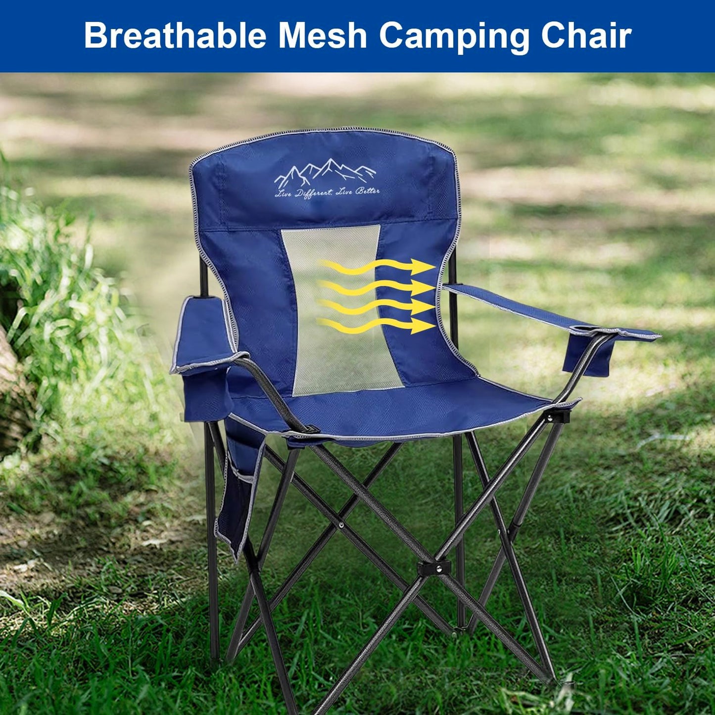VOYSIGN Folding Camping Chair Mesh Back Portable Breathable Outdoor Chairs with Carry Bag & Cup Holder for Camping, Beach, Fishing, Sports, Patio, Blue