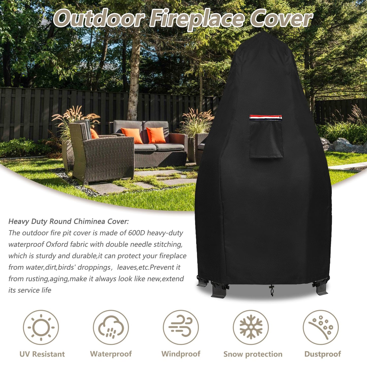 Patio Chiminea Cover,Heavy Duty 600D Waterproof Wood Burning Fire Pits Cover, Chimenea Outdoor Fireplace Wooden Fire Pit Covers,22" Dia x 43.3" H.