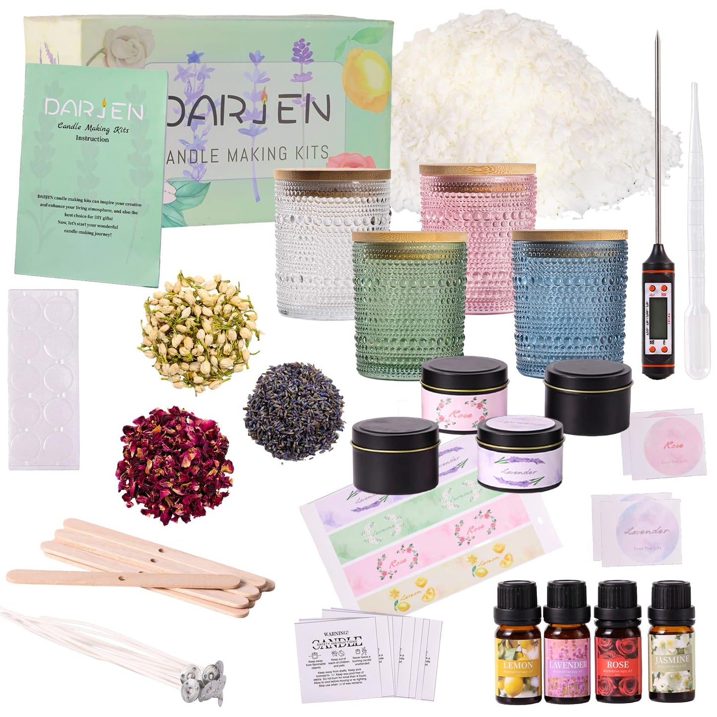 DARJEN Candle Making Kits for Adults - Candle Making Supplies with 4 Candle Jars(Clear, Pink, Blue, Green), Candle Tins, Soy Wax, Scents, Dried Flower & More, DIY Starter Candle Making Kit Home Decor