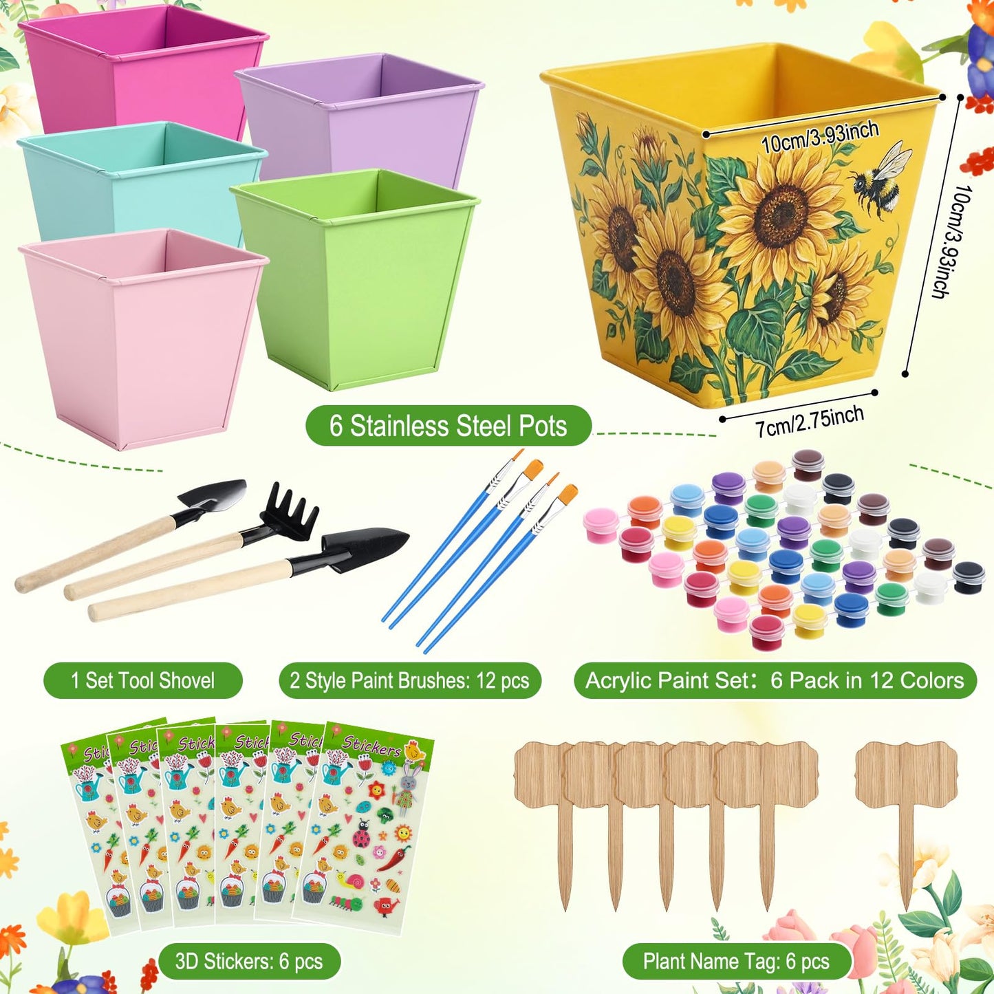 Ferrochef 6 Sets Flower Pot Painting Kit DIY 6 Colorful Metal Iron Plant Pots Acrylic Paint Stickers Brushes Plant Labels Gardening Tool Kit for Planting Crafts Mother's Day Graduation Creative Gift