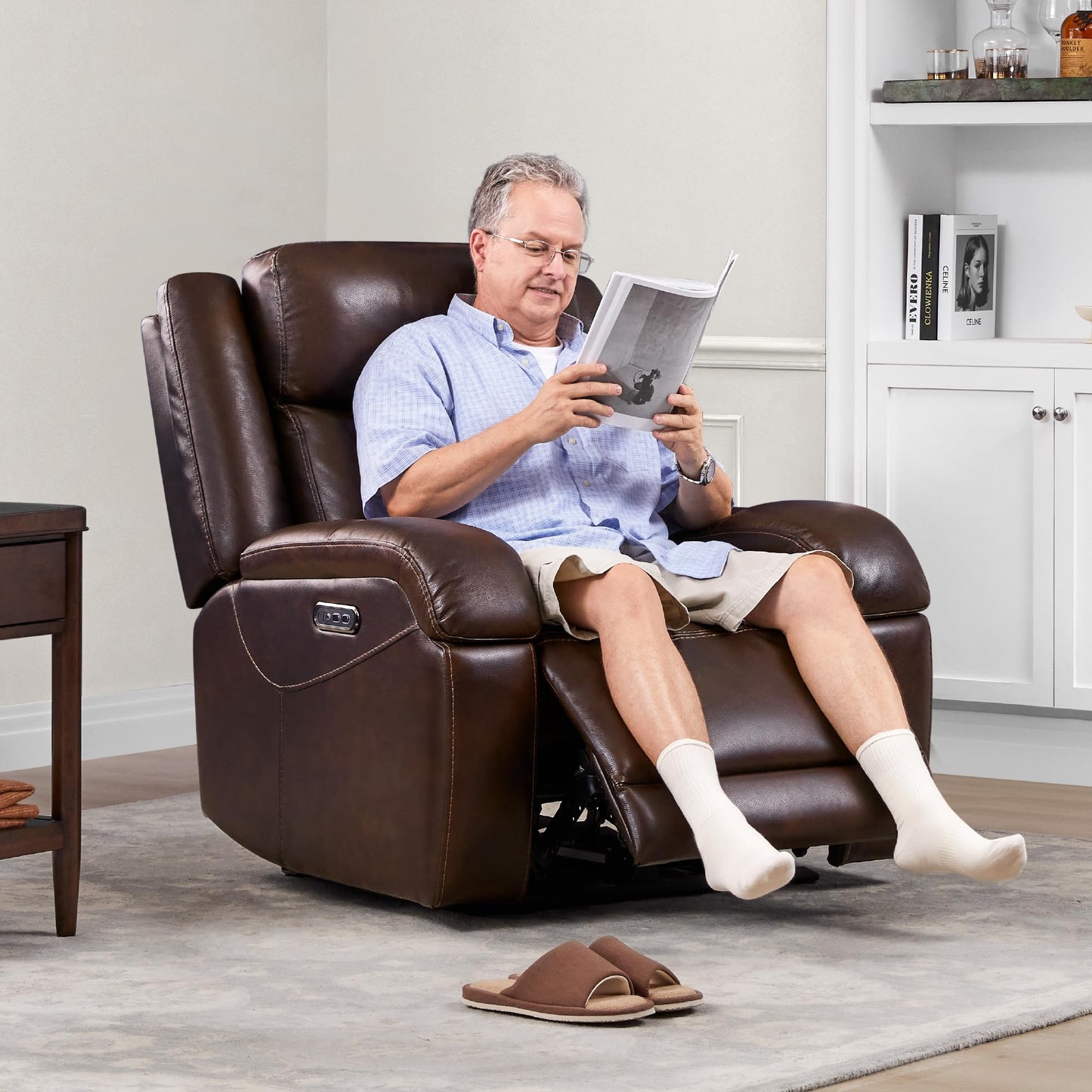 Watson & Whitely Genuine Leather Power Recliner Chairs for Adults, Wall Hugger RV Recliner with Power Headrest & Charging Ports, Electric Recliner Sofa Chair for Living Room, Dark Brown