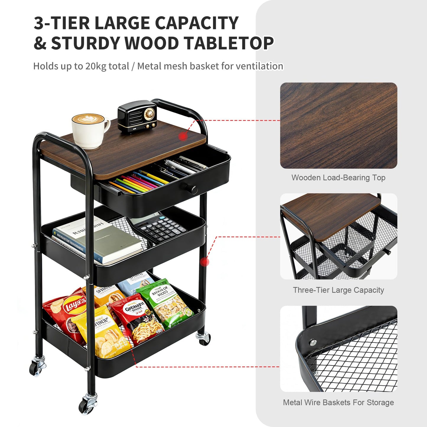 CAMOAT 3-Tier Rolling Storage Cart with Wooden Top and Drawer, Metal Mesh Mobile Utility Cart with Handle and Lockable Wheels, Multipurpose Organizer Trolley for Kitchen, Living Room, Bathroom,Office
