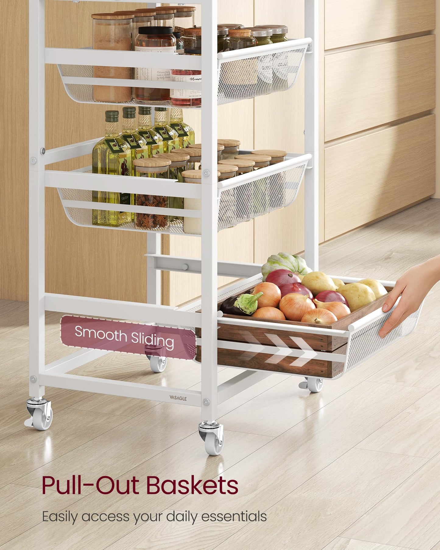 VASAGLE Storage Rolling Cart with Pull-Out Baskets, 5-Tier Utility Cart Orgnizer with Wheels for Laundry Room, Kitchen, Handle, 12.5 x 15.8 x 37.4 Inches, Golden Oak and Matte White ULRC041YA01