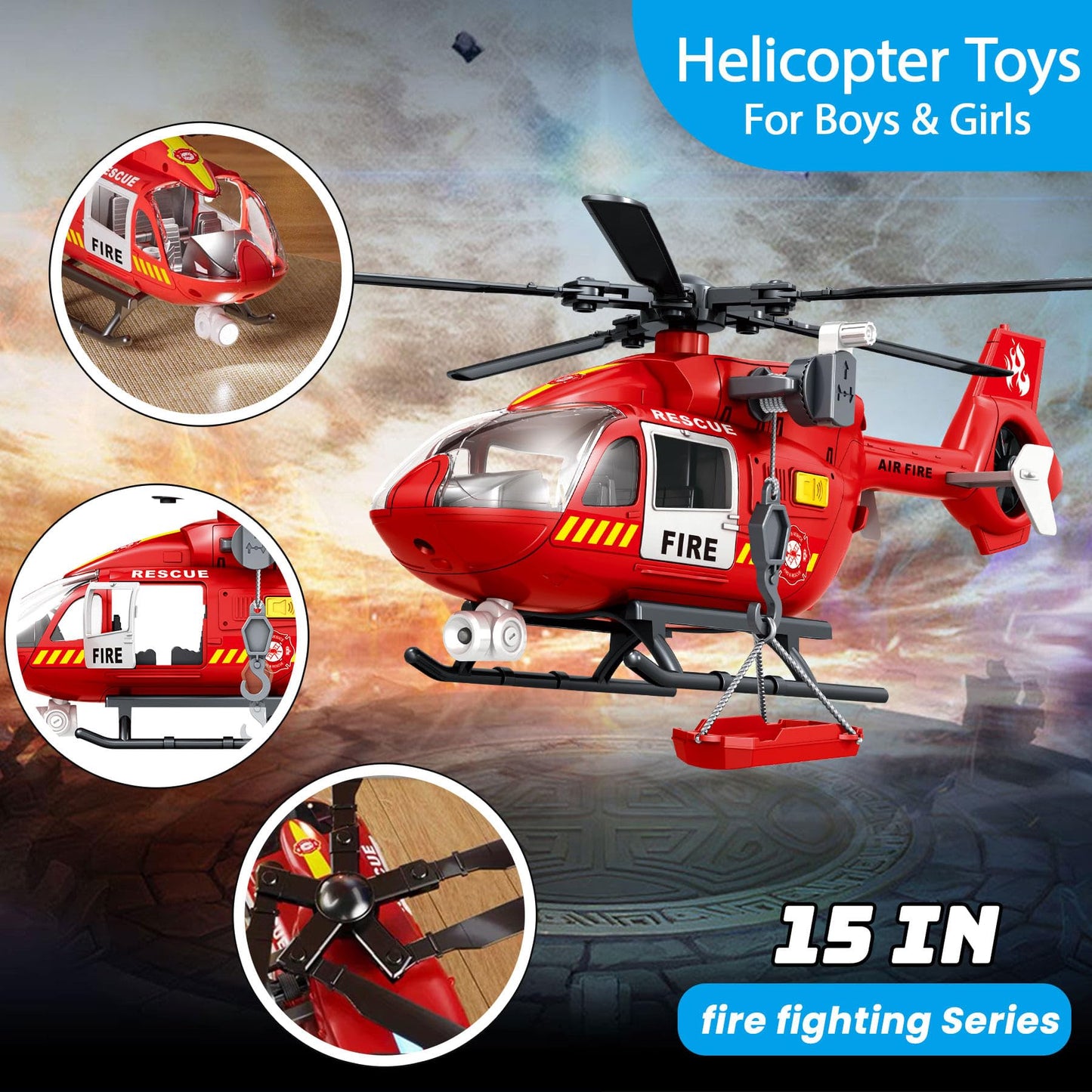 Fire Rescue Helicopter Toys for Boys with Hanging Basket Toy Airplane with Lights and Sound Firefighting Vehicles Toys for Kids Aged 3 4 5 6 7