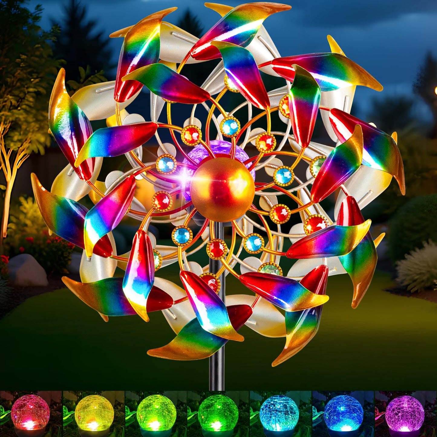 Solar Wind Spinners for Yard and Garden - 360° Metal Large Wind Sculptures Outdoor Clearance Kinetic Windmills with 4 Layer Jeweled Blades for Patio, Lawn Garden Decoration - 54Inch