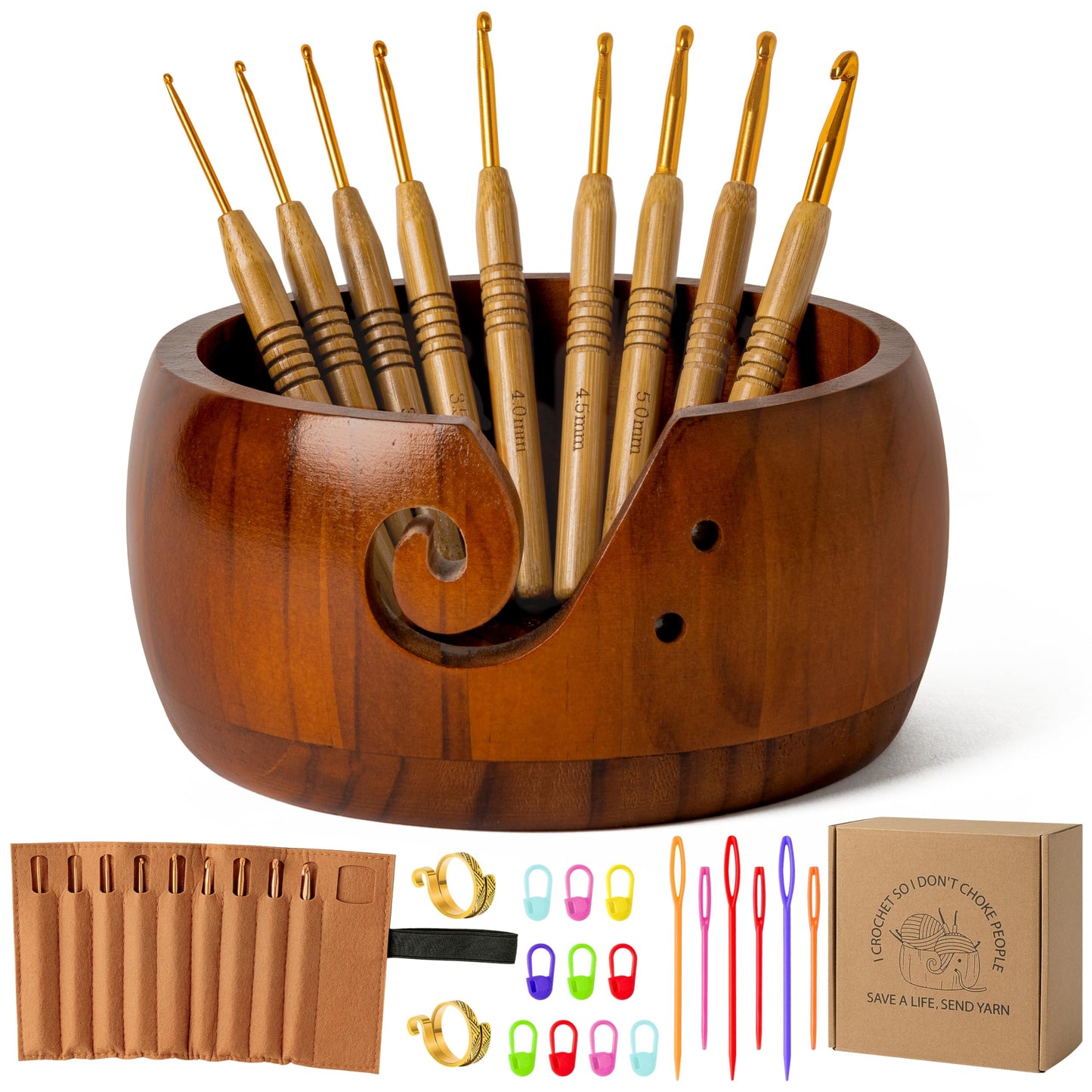 WATINC Wooden Yarn Bowl Holder Set - Large Crochet Yarn Storage Bowls with 9pcs Metal Knitting Hooks, Adjustable Loop Ring Stitch Markers with Box Crochet Gifts for Knitters Crocheters (Dark Brown