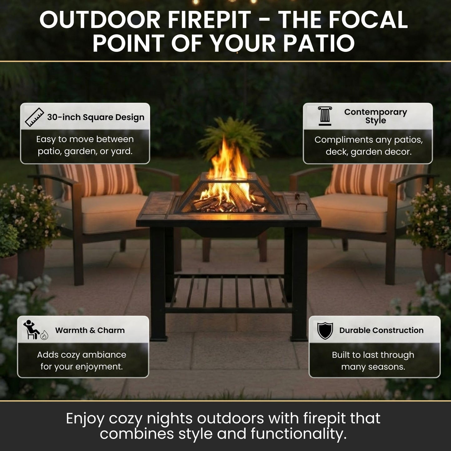 Fire Pit - 30-Inch Outdoor Firepit Table with Screen, Cover, and Poker - Outdoor Fire Pits for Backyard, Deck, Patio, or Porch by Pure Garden (Black)