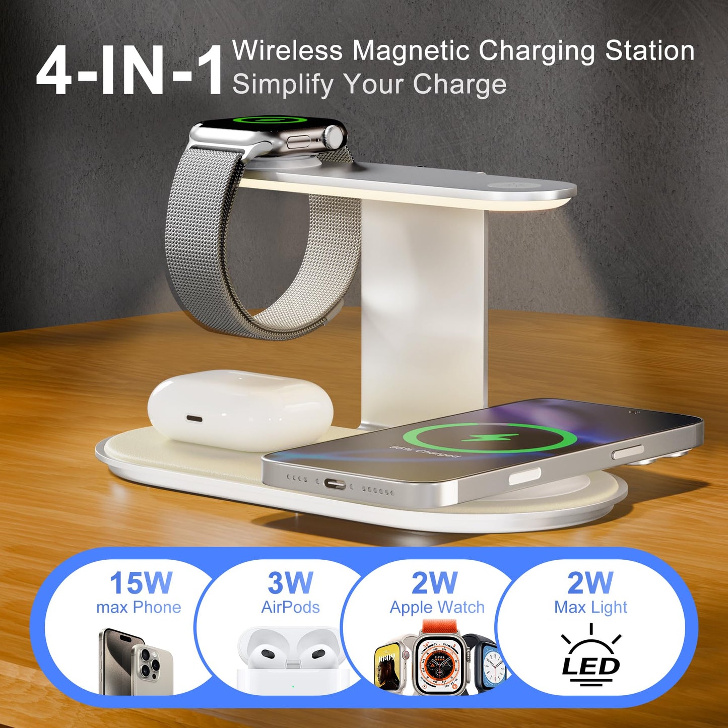 4-in-1 for Magsafe Wireless Charging: 15W Qi Magnetic Fast Charger Station Pad with Night Light for iPhone 17 16 15 14 13 12 Pro Max-for Apple Watch and AirPods Series-Desk Nightstand Bedside, Silver