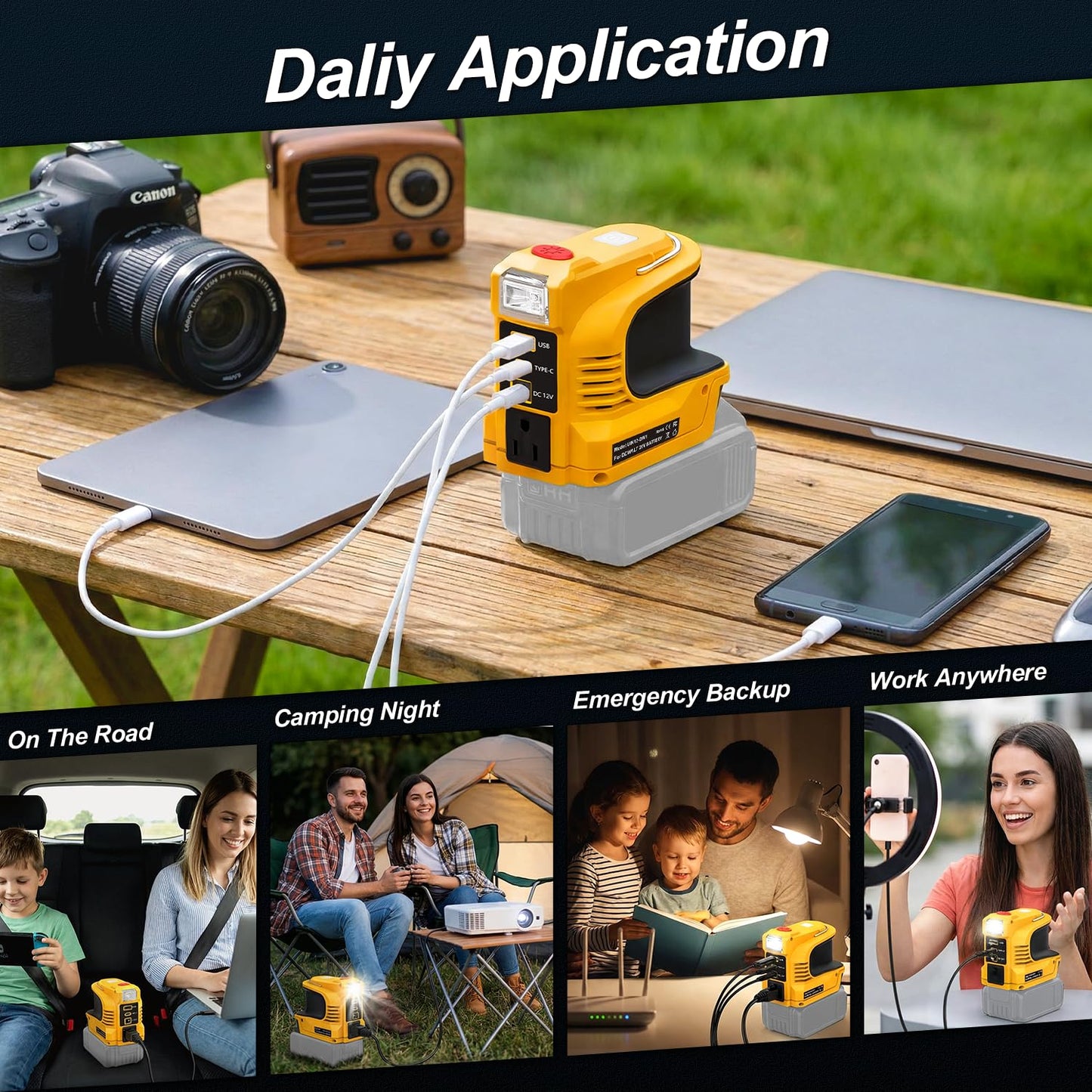 Real 220W Power Inverter Compatible with DeWalt 20V Battery, DC 20V to AC 110V-120V Portable Power Station with 1 AC Outlet, 1 USB & Type-C, 1 12V DC & 200LM LED (No Battery)