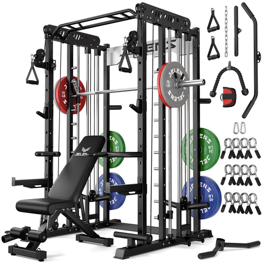 JELENS Smith Machine for Home Gym, Multi-Function M12 Power Cage, Squat Rack with Smith Bar and More Attachment (Black, 190LB Colored Weights Package)