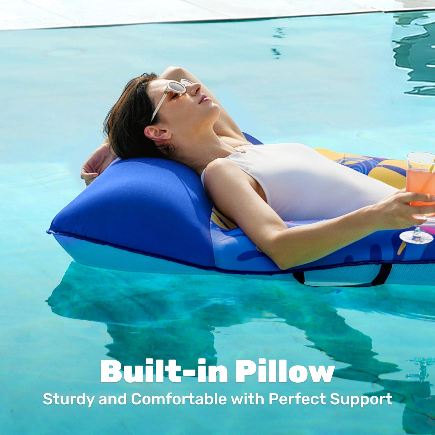 Sloosh Inflatable Pool Floats Raft - XL Fabric Covered Pool Mat Lounger Floaties for Adults, Ultra Comfort Inflatable Water Float with Headrest for Beach Lake Swimming Pool Floating 68"X34" (Blue)