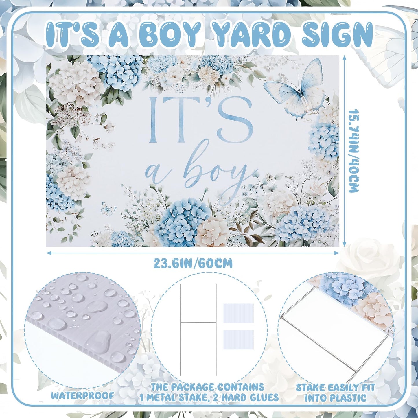 It's a Boy Yard Sign with Stake Blue Floral Baby Shower Lawn Sign 16 x 24 Inch Baby in Bloom Gender Reveal Yard Decoration Waterproof Outdoor Welcome Boy Announcement Decor for Front Lawn Garden
