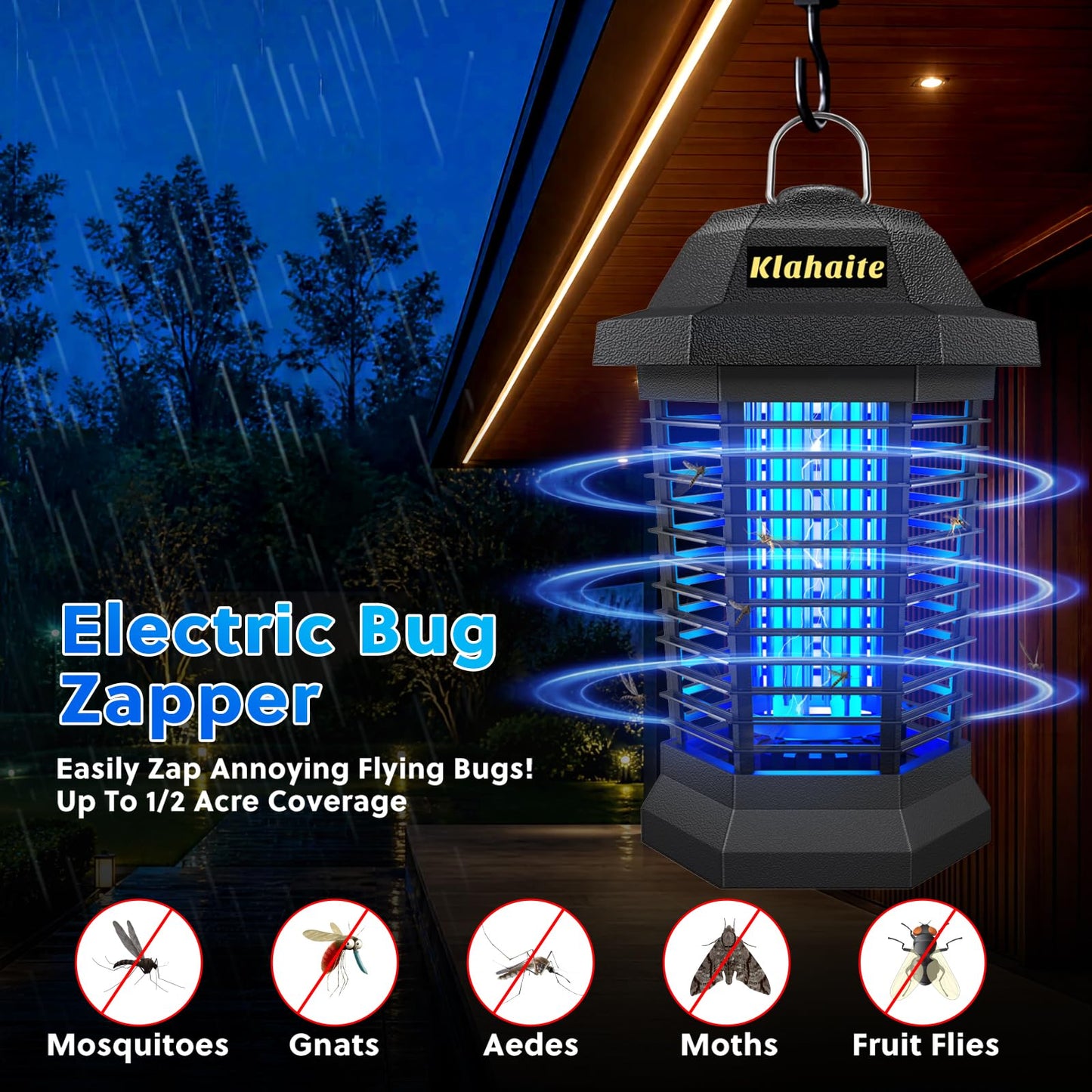 Klahaite Bug Zapper Outdoor, Electric Mosquito Zapper, Fly Zapper Indoor Fly Traps, Mosquito Repellent Outdoor Patio and Backyard Covers 1/2 Acre, 3 Prong Plug, 4200V, ABS Fireproof Plastic Outer