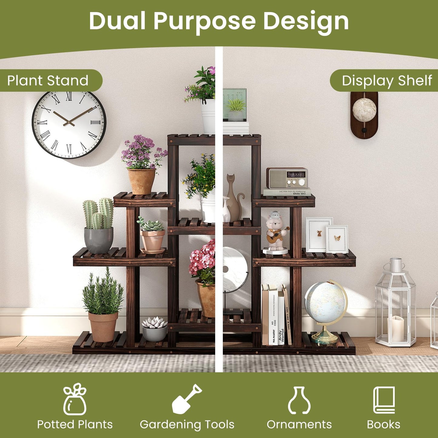 COSTWAY 6-Tier Multifunctional Wood Flower Stand, Shelf Holder for Multiple Plants, Freestanding Plant Rack for Garden, Patio, Balcony, Living Room, Indoor, Outdoor