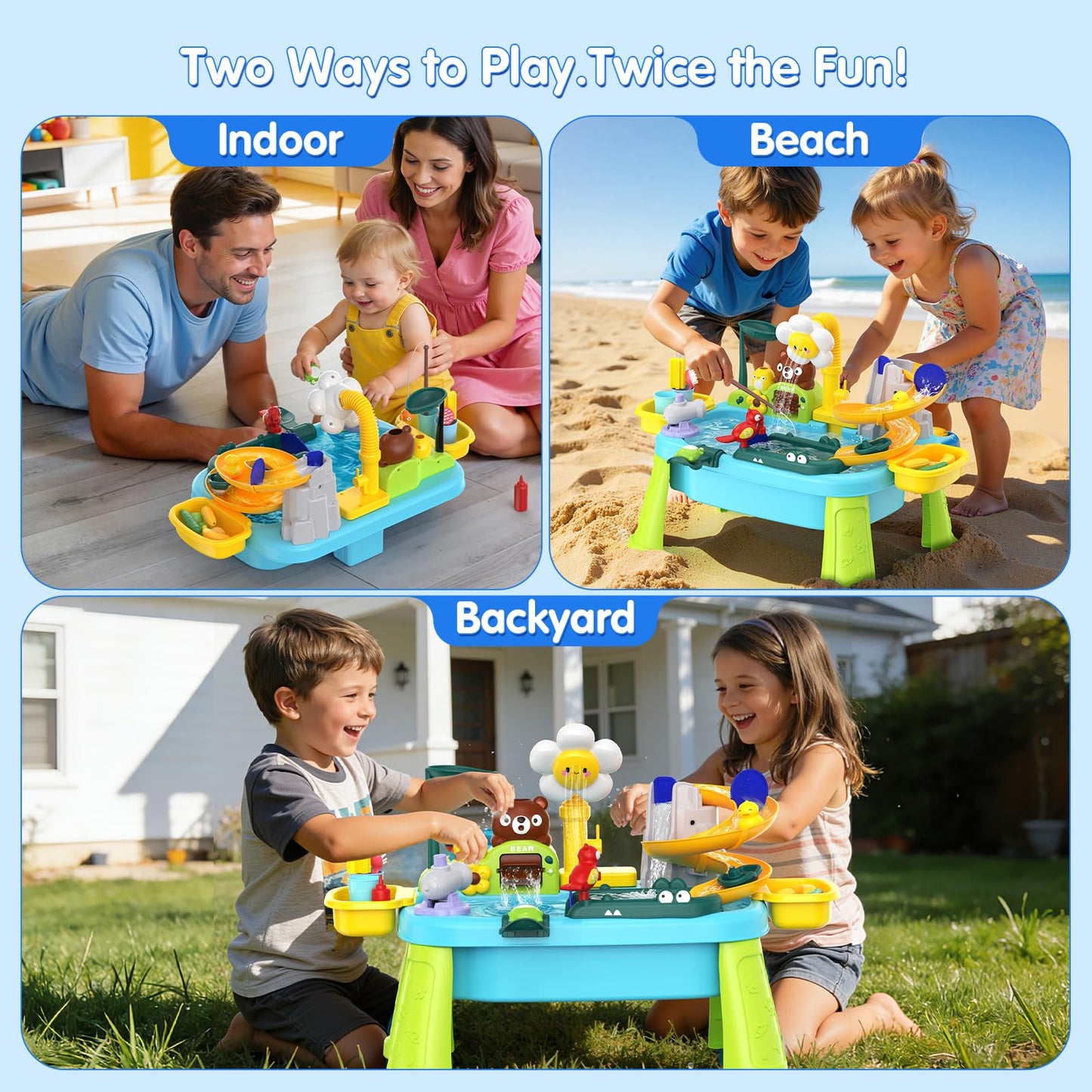 Water Table for Toddlers 1-3, Outdoor Toys for Kids Ages 4-8 with Pump, Kicthen Play Sink with Running Water, Fishing Toys Playset, Summer Outside Sand Water Sensory Activity Pool Toys Gifts, Blue